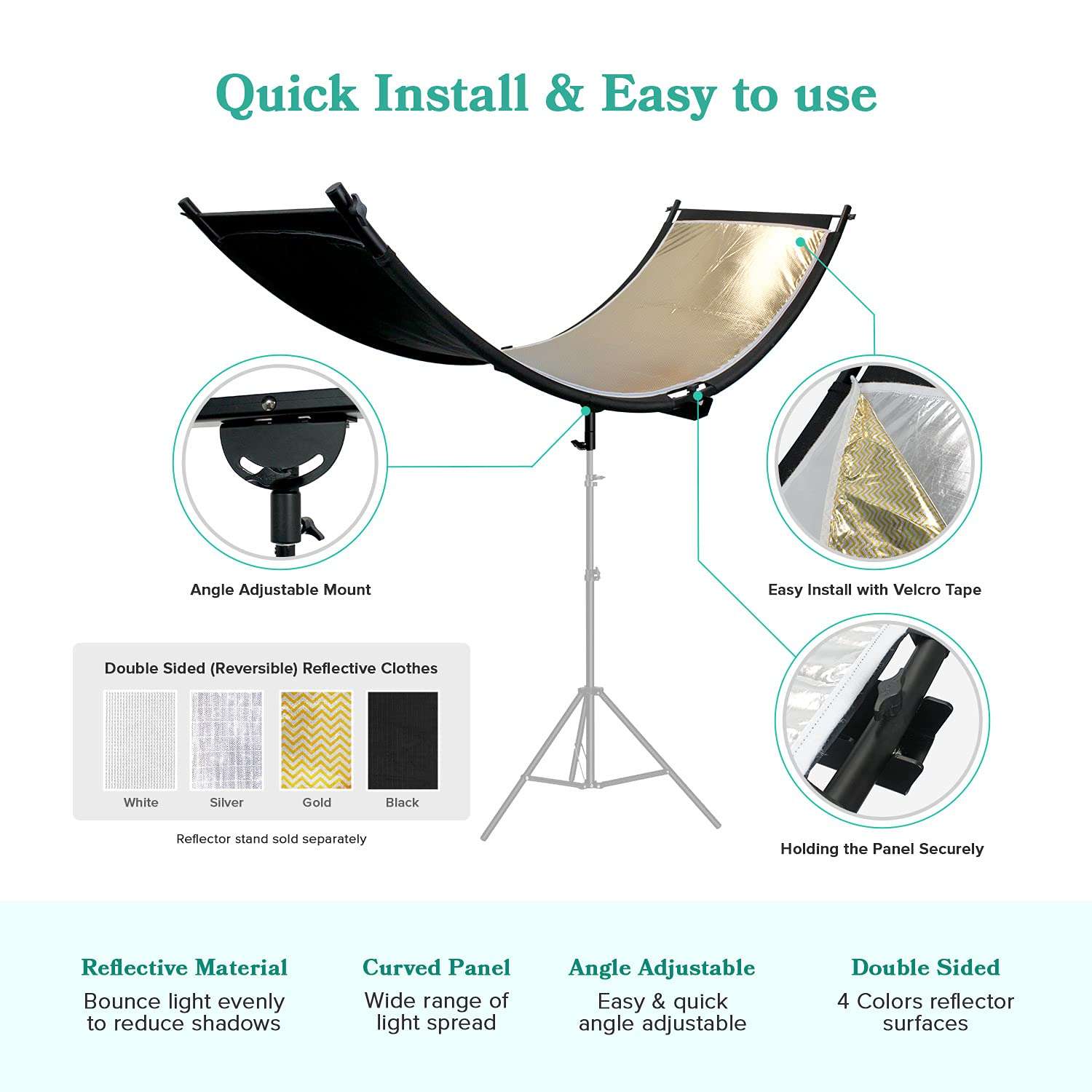 LimoStudio Clamshell U Shaped Light Reflector/Diffuser Kit 70"x24" Curved Photo Reflector for Photo Video Studio with Black/Silver/White/Gold, Carry Bag, AGG3234 4