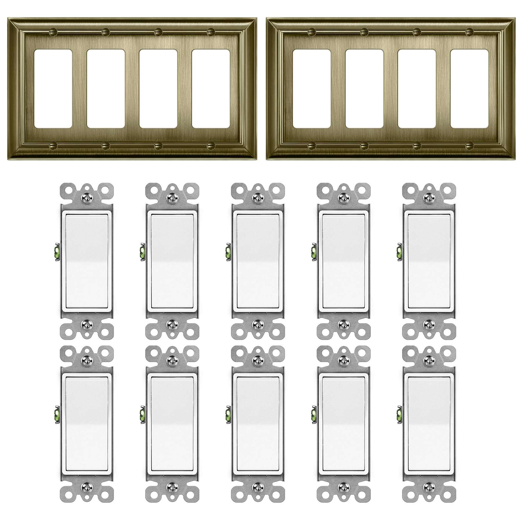 BESTTEN 10 Pack Dimmer Light Switch, Single Pole or 3-Way, LED Dimmer Switches with 2 Pack Brass Wall Plate 1