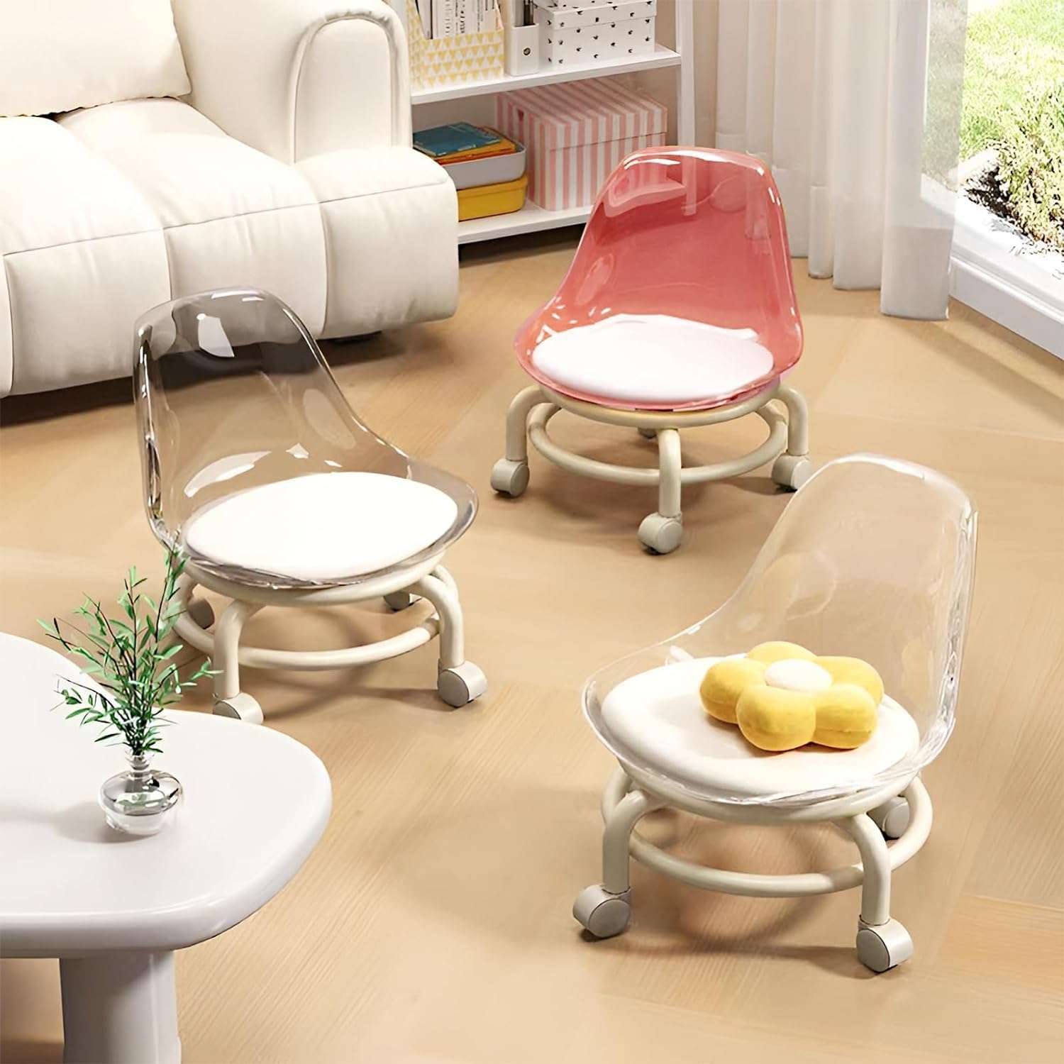 Meneflix Low Rolling Seat, Round Stool with Wheels PU Leather, Low Height Stool with Wheels Rotatable Movable Chair, Roller Seat Chair 360 Degree Rotating Pedicure Stool, Bench Rolling (Pink) 4