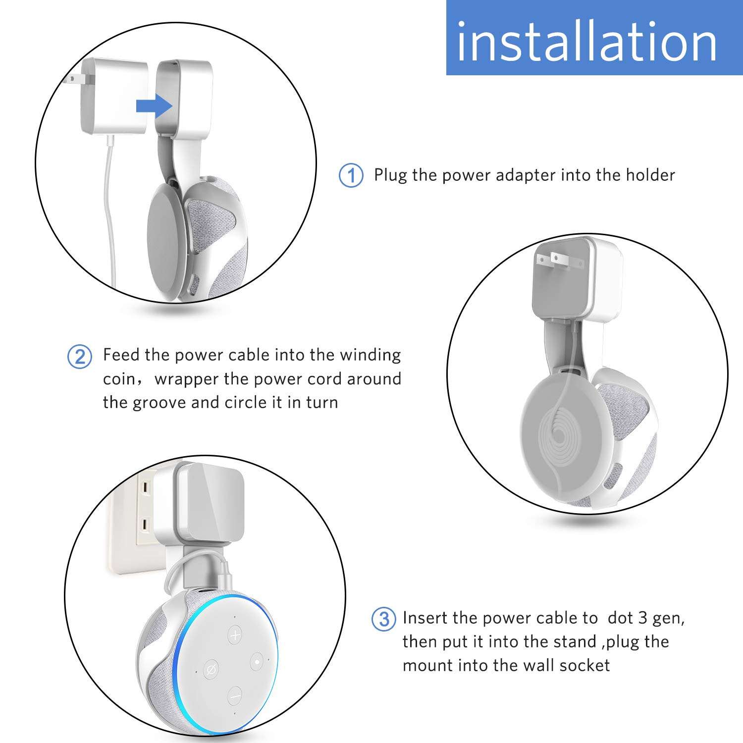 Frienda Outlet Wall Mount Hanger Holder Stand for Dot 3rd Generation Smart Home Voice Assistants, No Messy Wires or Screws-Compact Bracket Case Plug in Bedroom, Kitchen, Bathroom (White) 6