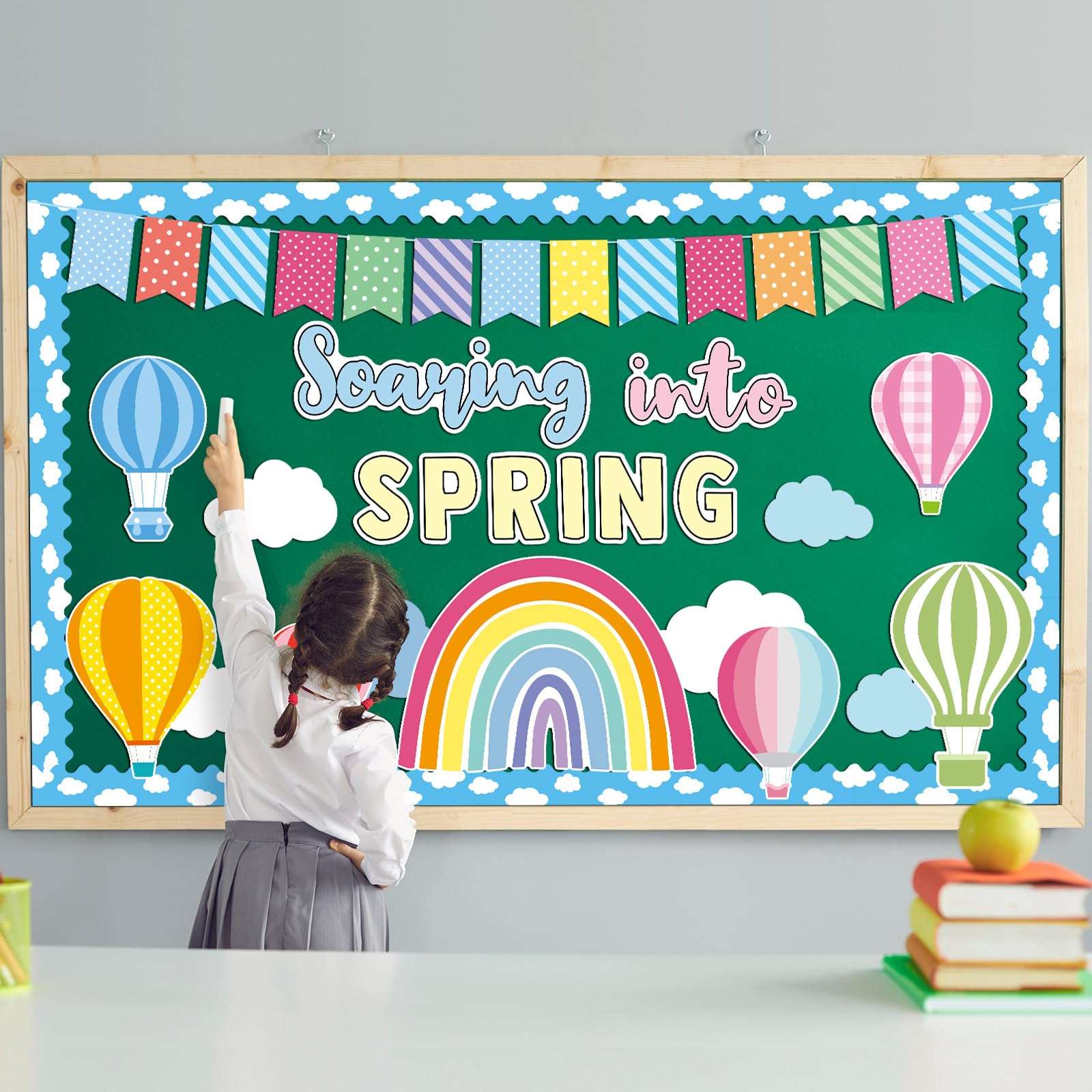 ZOIIWA Soaring into Spring Bulletin Board Decorations Spring Classroom Bulletin Board Borders Hot Air Balloon Rainbow Cutouts for Back to School Birthday Party Supplies School Home Office Wall Decor 6