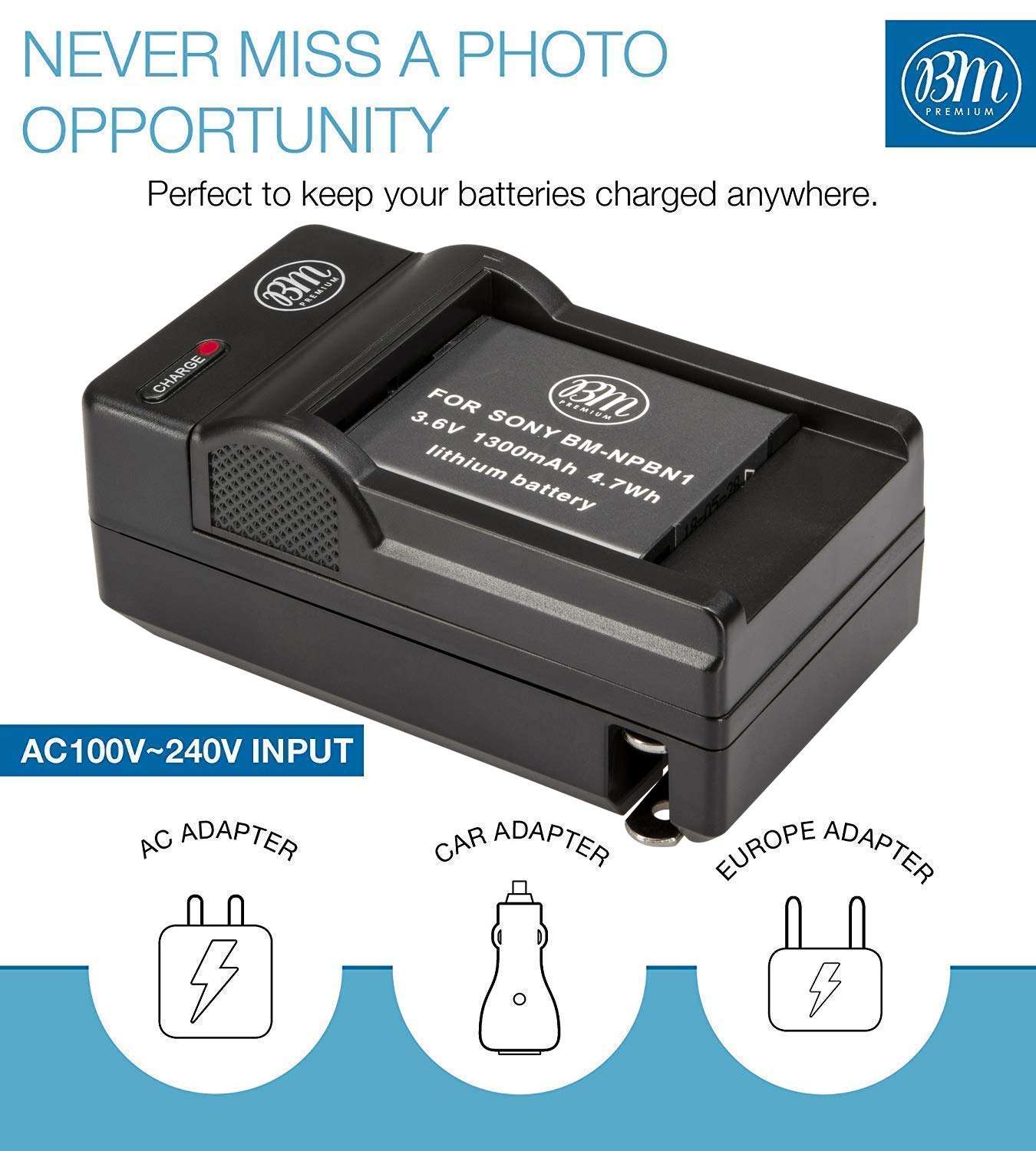 BM NP-BN1 Battery and Charger for Sony CyberShot DSC-QX10, DSC-QX30, QX100, WX5, WX9, WX50, WX70, WX150, W330, W510, W530, W560, W570, W610, W620, W650, W690, W800, W830, TX10, TX20, TX30 Camera 3