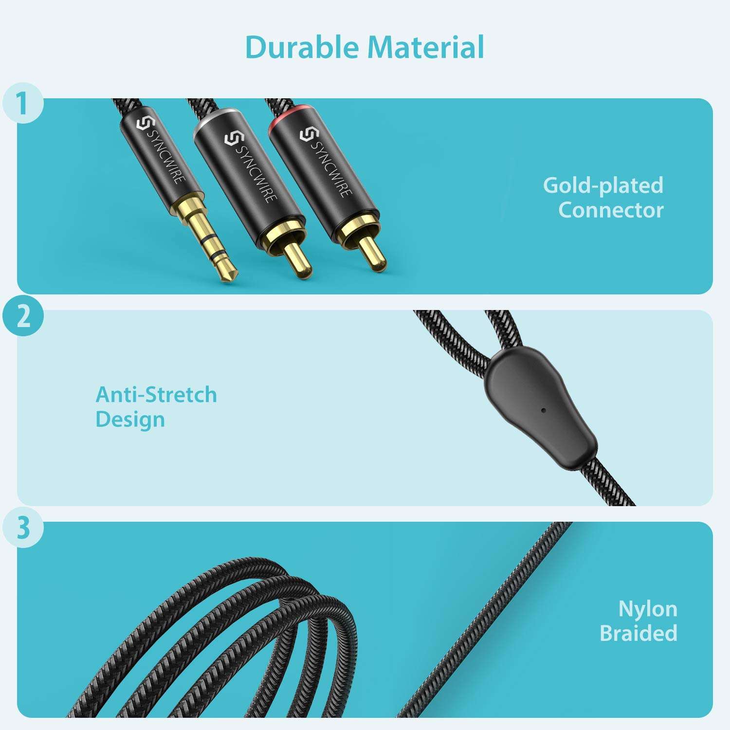 Syncwire RCA Cable - [6ft/1.8m, Dual Shielded Gold-Plated] 3.5mm to 2RCA Male Stereo Audio Adapter Coaxial Cable Nylon Braided Aux RCA Y Cord for Smartphones, Speakers, Tablets, MP3, HDTV - Black 3