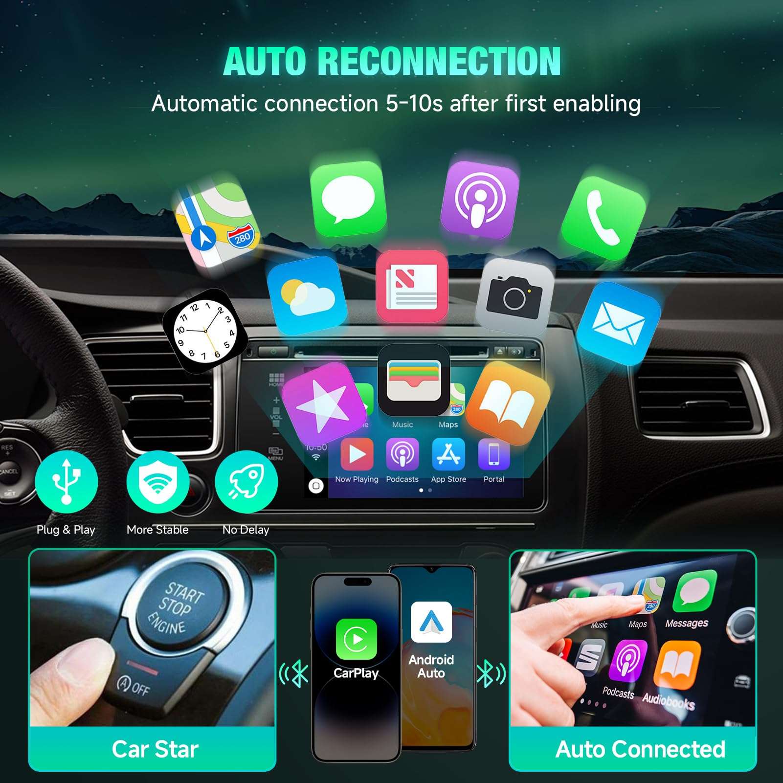 Wireless CarPlay Adapter & Android Auto 2 in 1, 2025 Plug and Play Convert Wired to Wireless Adapter for Apple CarPlay/Android Auto, Bluethooth Stable Low Latency for iOS 10+, Android 11+ USB C/A 5