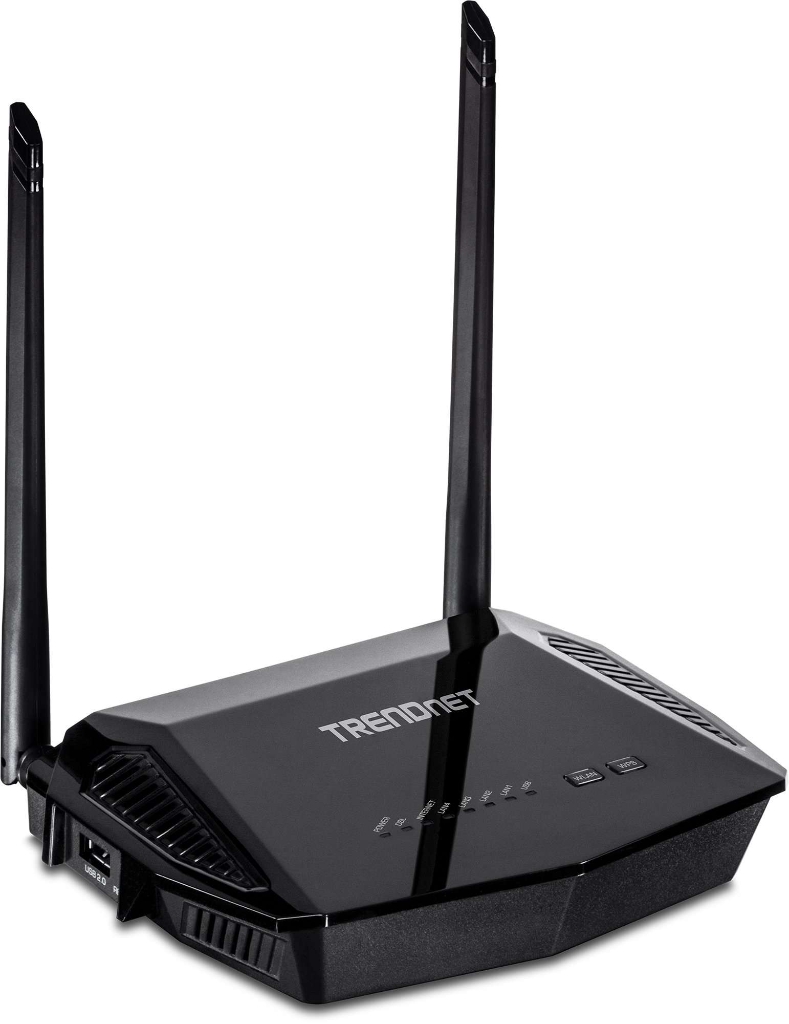 TRENDnet N300 Wireless Ads 2+ Modem Router, 4 X 10/100 Mbps LAN Ports, 1 X RJ-11 Port, Pre-Encrypted, TEW-723BRM, Black