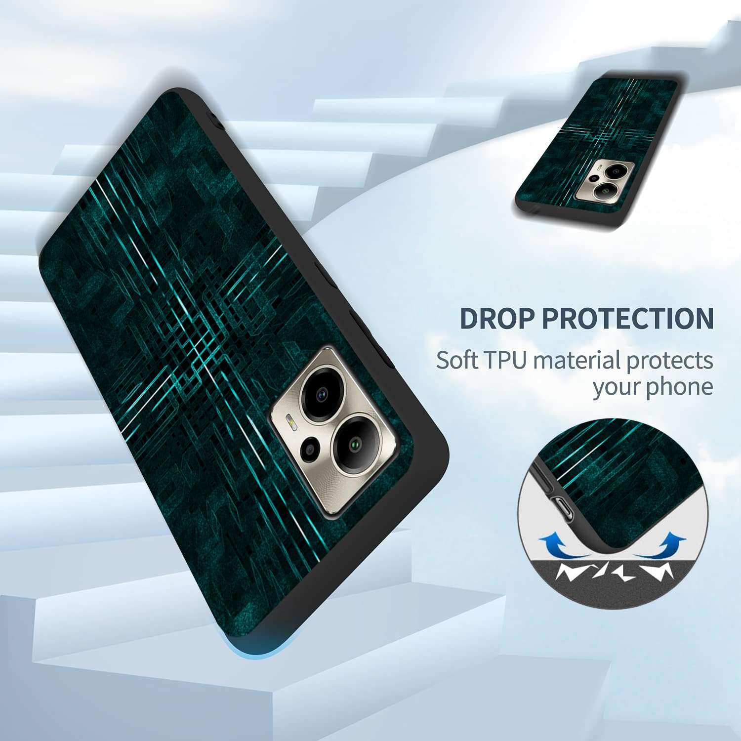 Tuxiwei 9H Tempered Glass Screen Protectors for AT&T Motivate Pro 2024, with Cricket Outlast 5G Case Slim Fit Lightweight [Technology Line Pattern Art Painting] for Men Soft TPU Cover Drop Protective 6