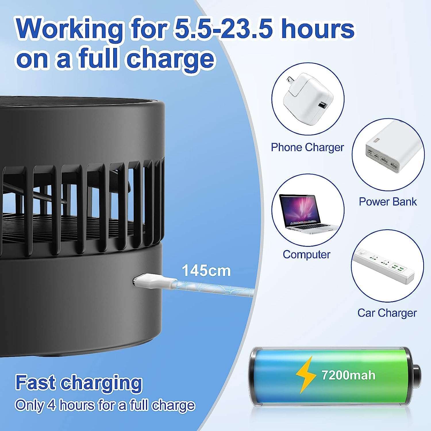 UCRAVO Portable Oscillating Standing Fan,Rechargeable Battery Operated USB Floor Table Desk Fan with 3 Speed Settings Pedestal Fans for Bedroom Office Camping Fishing Travel 4