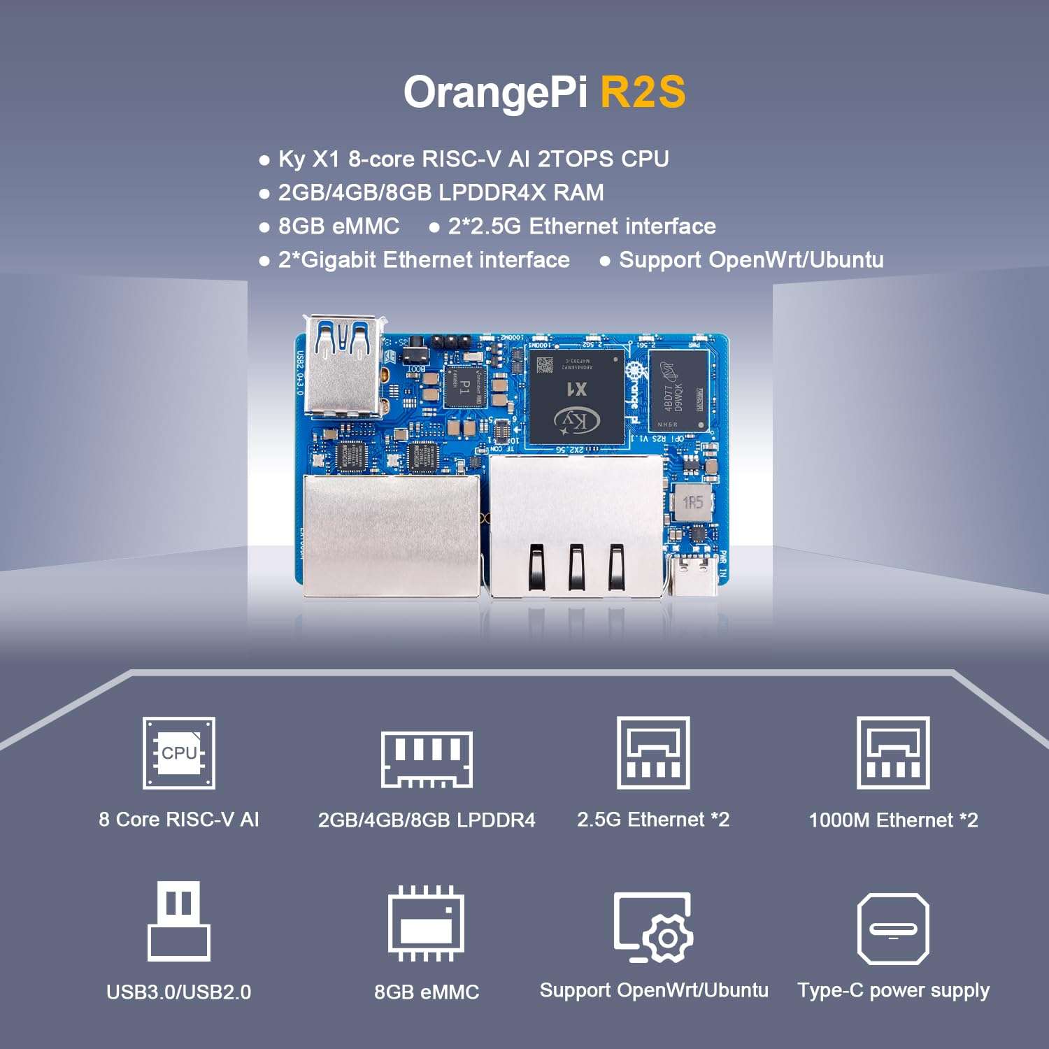 Orange Pi R2S 2GB/4GB/8GB RISC-V Single Board Computer with 8-Core RISC-V AI CPU, 8GB Onboard eMMC, Dual 2.5G & Dual 1000M Ethernet, Development Board Run OpenWrt/Ubuntu (4GB) 3