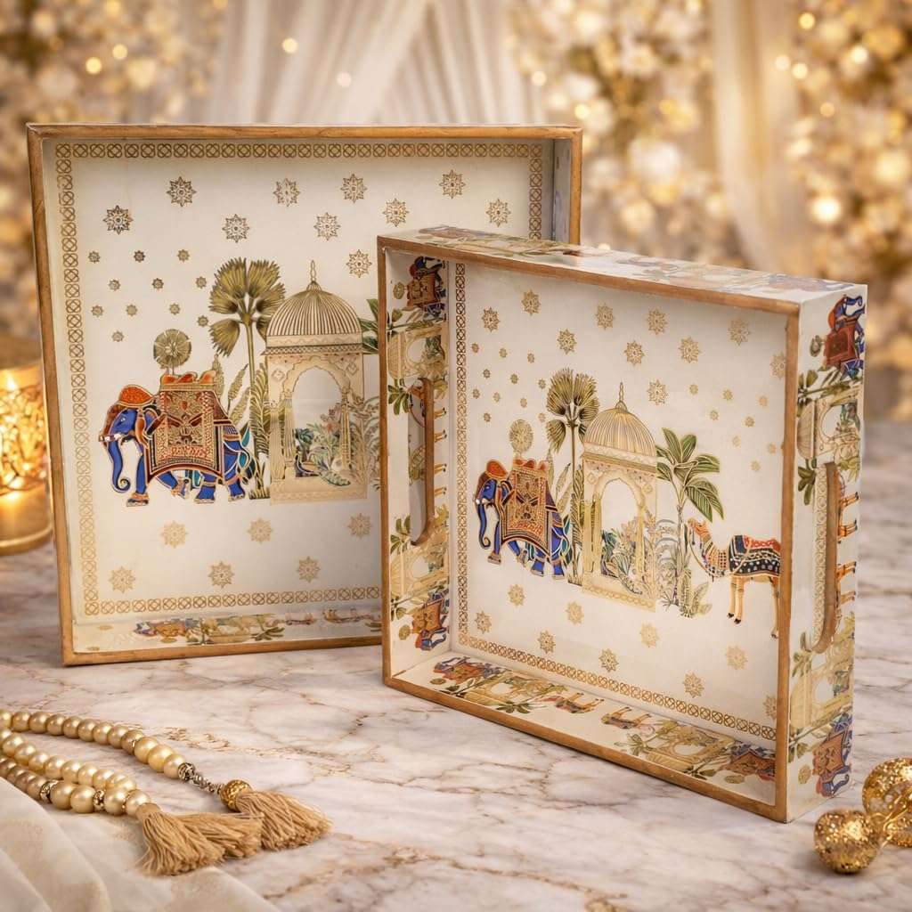 Amimashop® Try Set Serving | Square Wooden Tray, Decorative Serving Tray Set | Wooden Tray Decoration | Serving Trays | Tea Serving Try|Tray Set of 2|Meenakari Tray 12 & 10 Inches 1