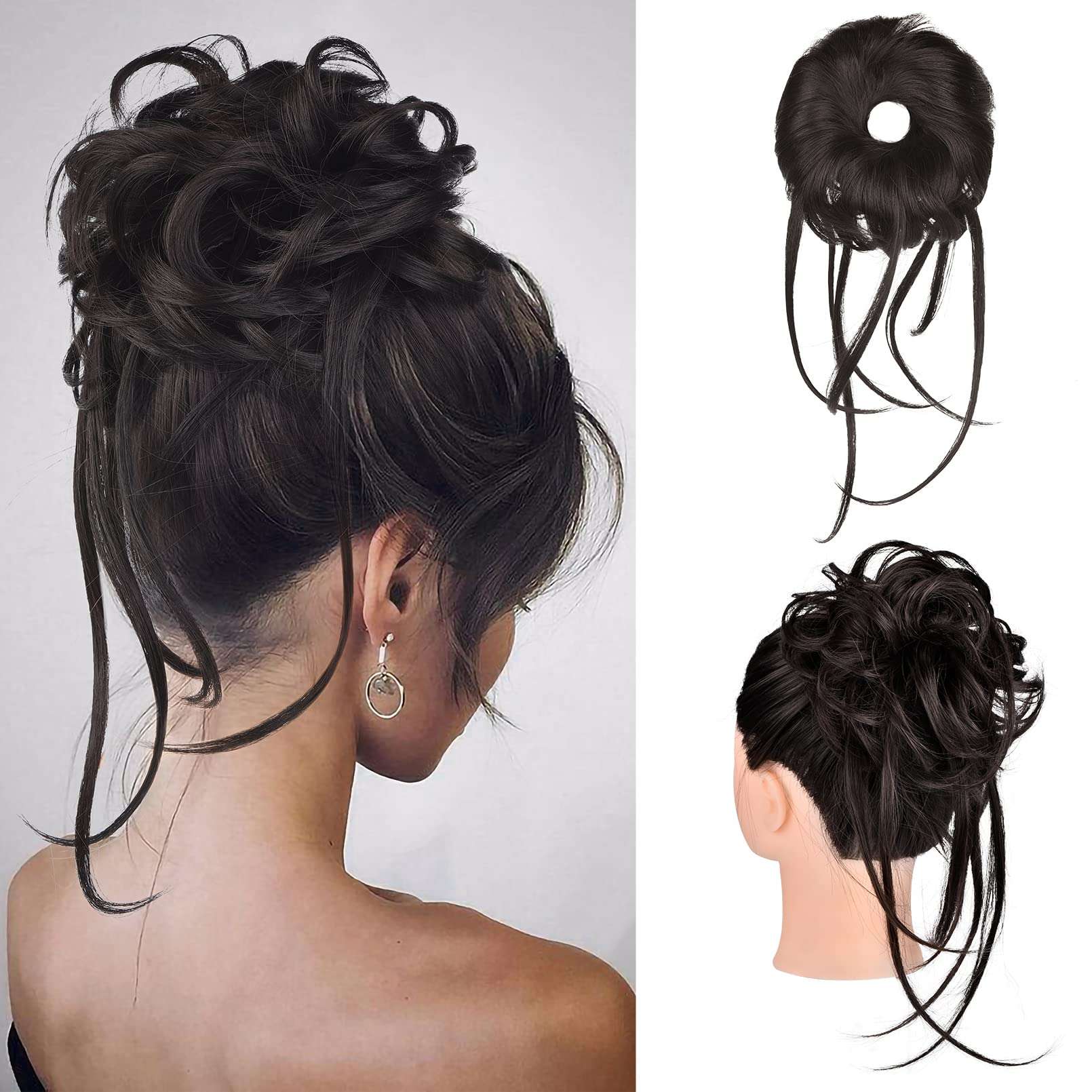 HOOJIH Messy Bun Hair Piece, Super Long Tousled Updo Hair Bun Extensions Wavy Wrap Ponytail Hairpieces Scrunchies with Elastic Band for Women HB007 Grace - Black Brown 1