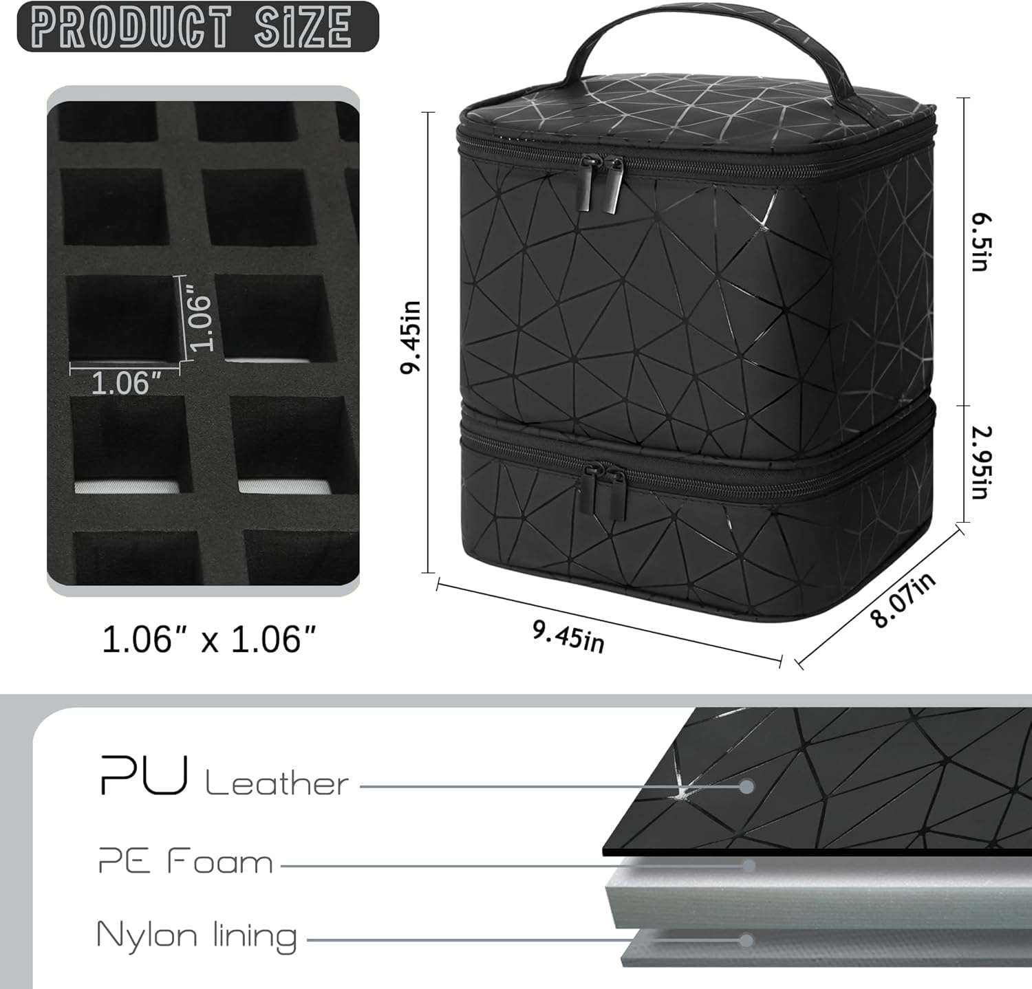 Fennec Mart Travel Nail Polish Organizer Bag Large Capacity Double Layer Makeup Case for 30 Bottles Nail Art Tool Storage with Handle, Customizable Compartments Multi Pouches for Travel (Black) 3