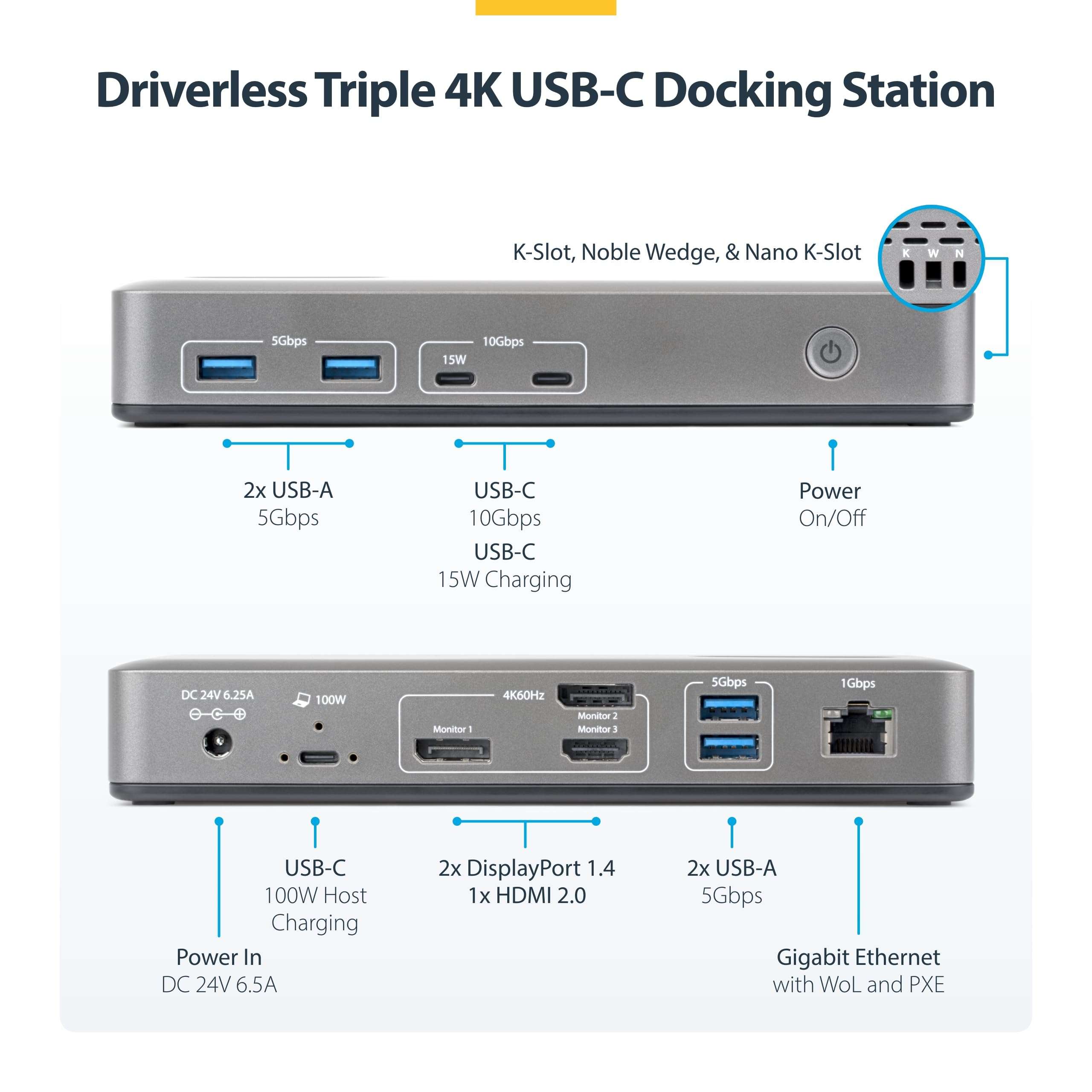 StarTech.com USB-C Docking Station Triple 4K 60Hz Displays, 100W Power Delivery, 6 USB Ports (10Gbps), Gigabit Ethernet, DisplayPort + HDMI, Driverless Windows Laptop Dock (199N-USBC-DOCK) 3