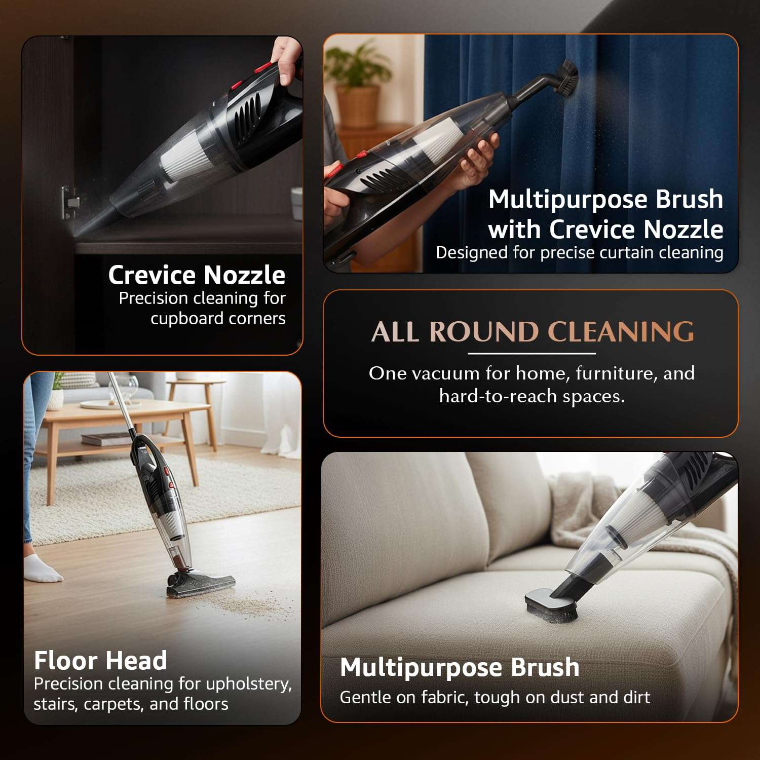 Amazon Basics - 2-in-1 Convertible Stick Vacuum Cleaner | 600W | 5 Attachments Included | Bagless Washable Filter, Strong Suction | 4.9 m Cord | 0.8 L Capacity | 12.5 kPa Suction | 103L*10.5W*12.5H cm 6