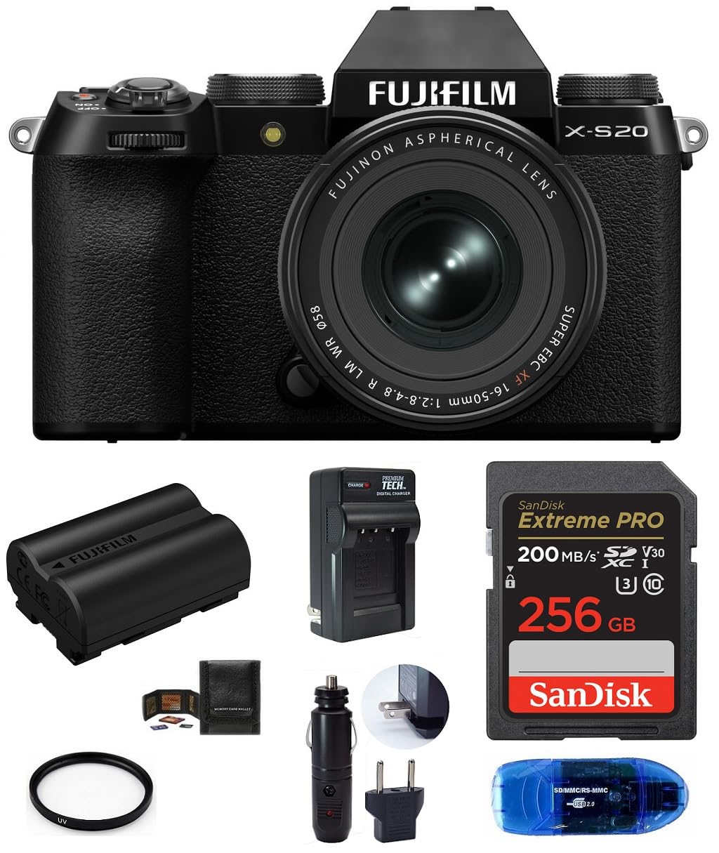 FUJIFILM X-S20 Digital Camera with 16-50mm Lens Bundle, Includes: Spare Fujifilm NP-W235 Battery, SanDisk 256GB Extreme PRO SDXC Memory Card and More (7 Items)