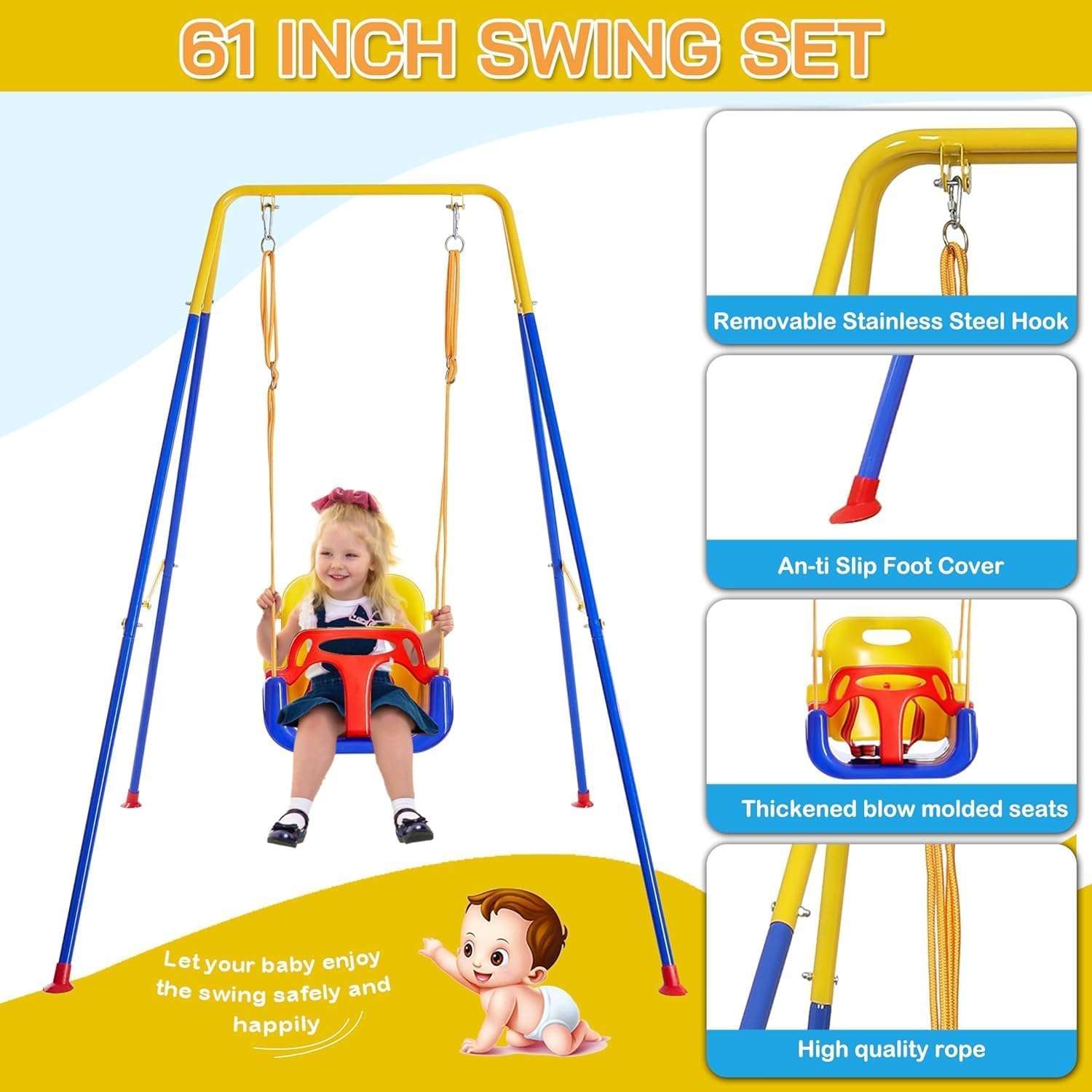 JUMIX Toddler Swing Set with Frame Indoor & Outdoor Baby Swing with Foldable Metal Stand Kids Swing Set for Backyard, Easy to Assemble & Store, Blue 5
