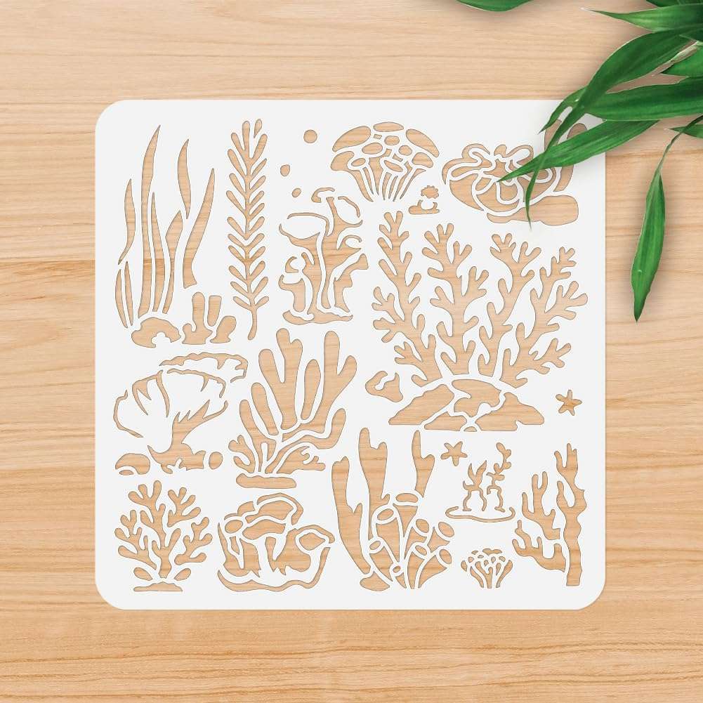 DOODLREAM 12 Styles Coral Seaweed Stencil for Painting, 11.8"x11.8"Reusable Seagrass Sea Plants Stencil Drawing Template, DIY Craft Paint Template for Wall Home Decor Wood Burning Card Journal Fabric 5