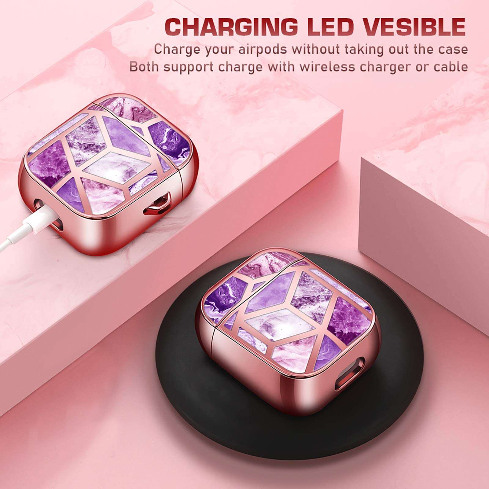 Maxjoy for Airpods Case Marble Cute Marble Airpod Case with Carabiner Protective Hard Case Skin Cover for Apple Airpods 2 Wireless Charging Case [Front Led Visible] (Deep Purple) 6
