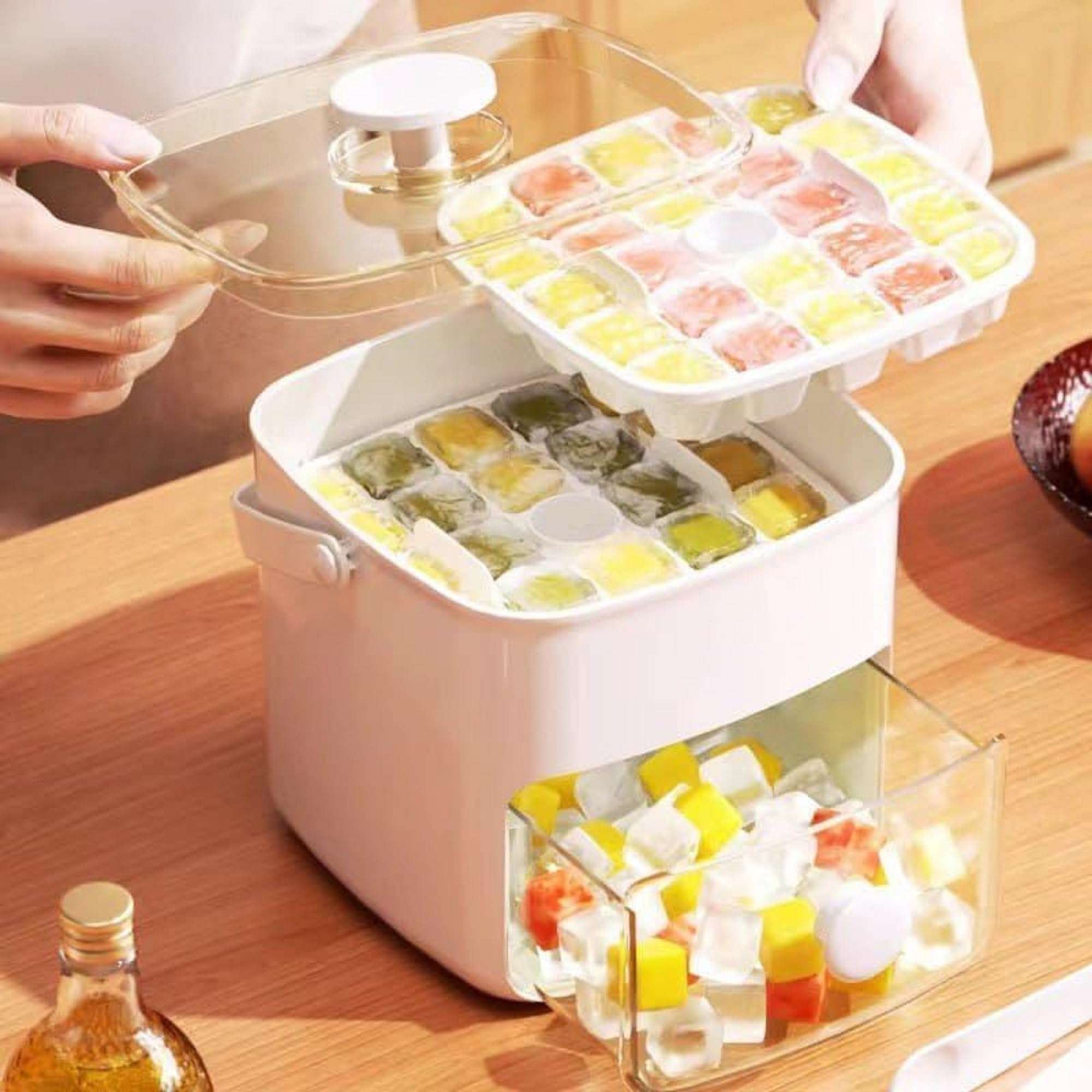 Ice Cube Maker Storage Box with Push Release Lid, Removable Ice Trays, Front Pull-Out Ice Bin, Carry Handle, Includes Scoop 5