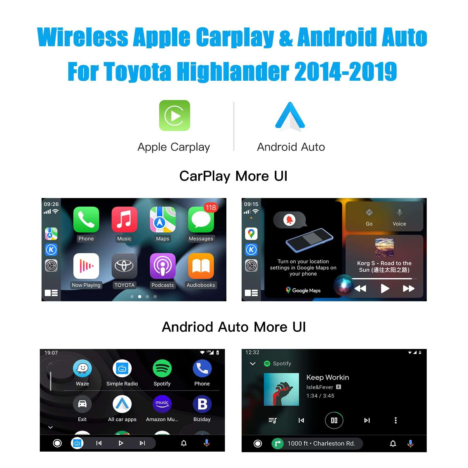 carultra Wireless Carplay Android Auto Adapter for Toyota with Entune2.0 2014-2019, Fits for Tundra/Highlander/RAV4/Tacoma/Camry/Corolla/Avalon/Prius/CH-R/Sienna 6