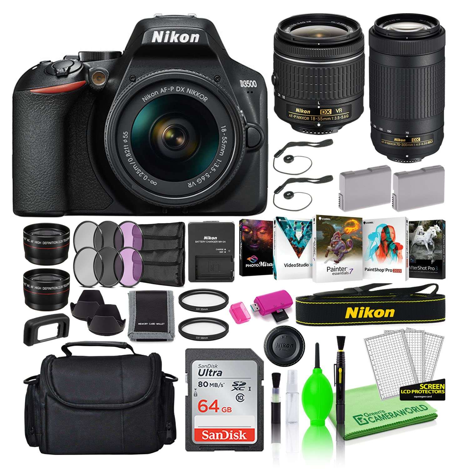 Nikon D3500 24.2MP DSLR Digital Camera with 18-55mm and 70-300mm Lenses (1588) USA Model Deluxe Bundle -Includes- Sandisk 64GB SD Card + Large Camera Bag + Editing Software + Spare Battery + Filters 1