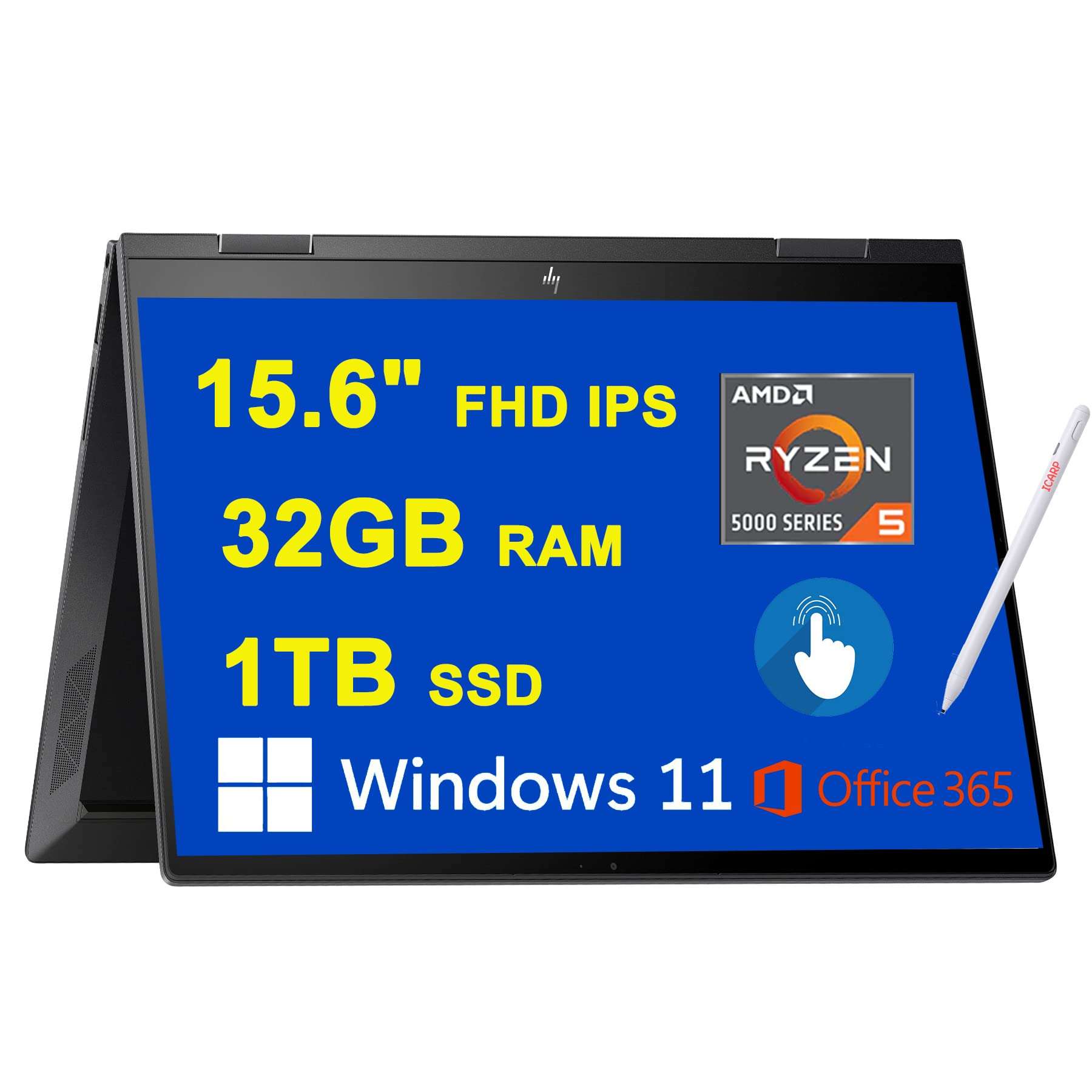 HP Envy x360 15 2-in-1 Laptop 15.6" FHD IPS Edge-to-Edge Glass Micro-Edge Touchscreen AMD Ryzen 5000 Hexa-core Ryzen 5 5625U 32GB RAM 1TB SSD Backlit Keyboard USB-C HDMI Office365 Win11 Black + Pen 1