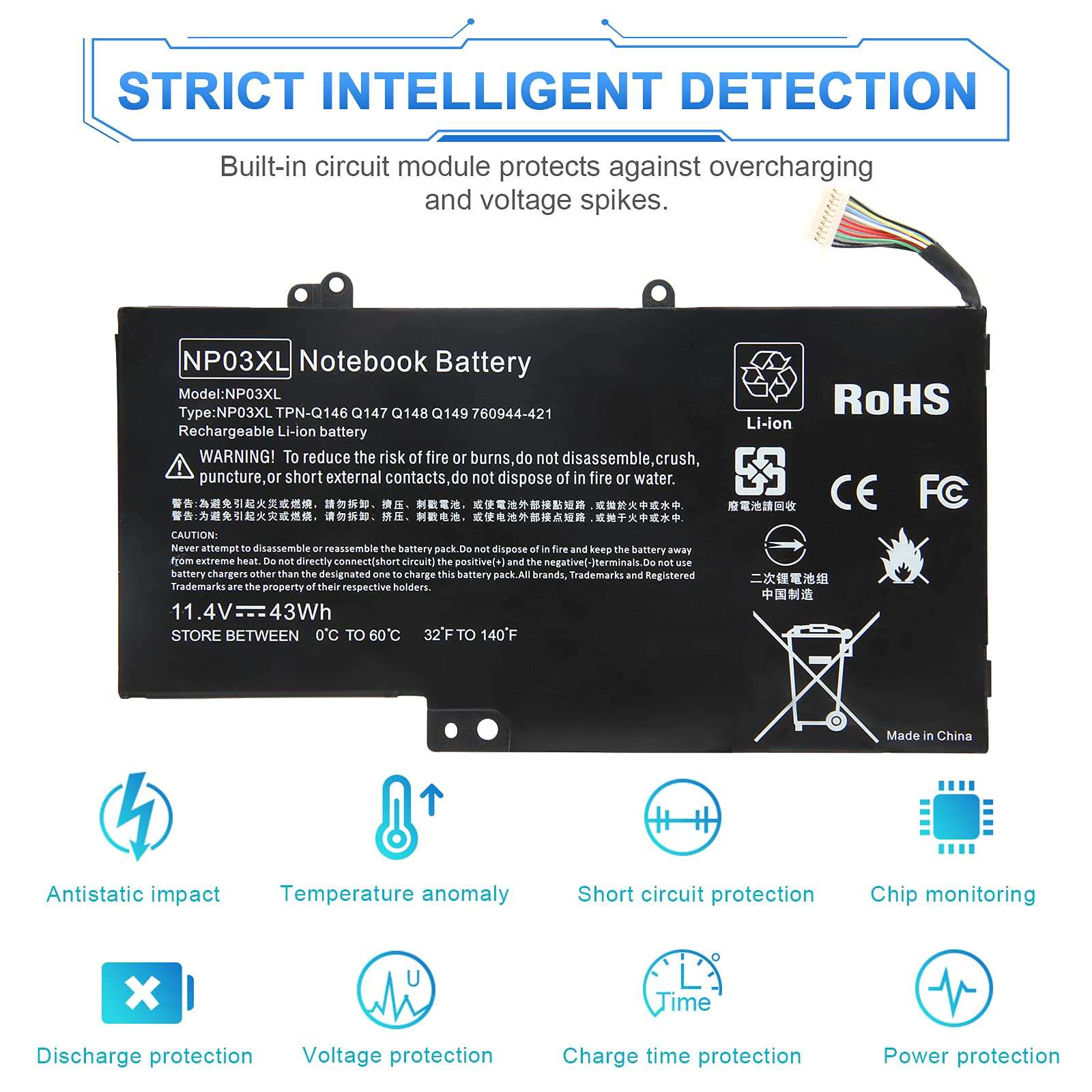 ARyee 43Wh 11.4V NP03XL Battery Laptop Battery Replacement for HP Pavilion X360 13-A010DX 13-b116t HP Envy 15-U010DX 15-U337CL 15-U050CA; fit for 760944-421 761230-005 HSTNN-LB6L TPN-Q146 TPN-Q147 TPN 4