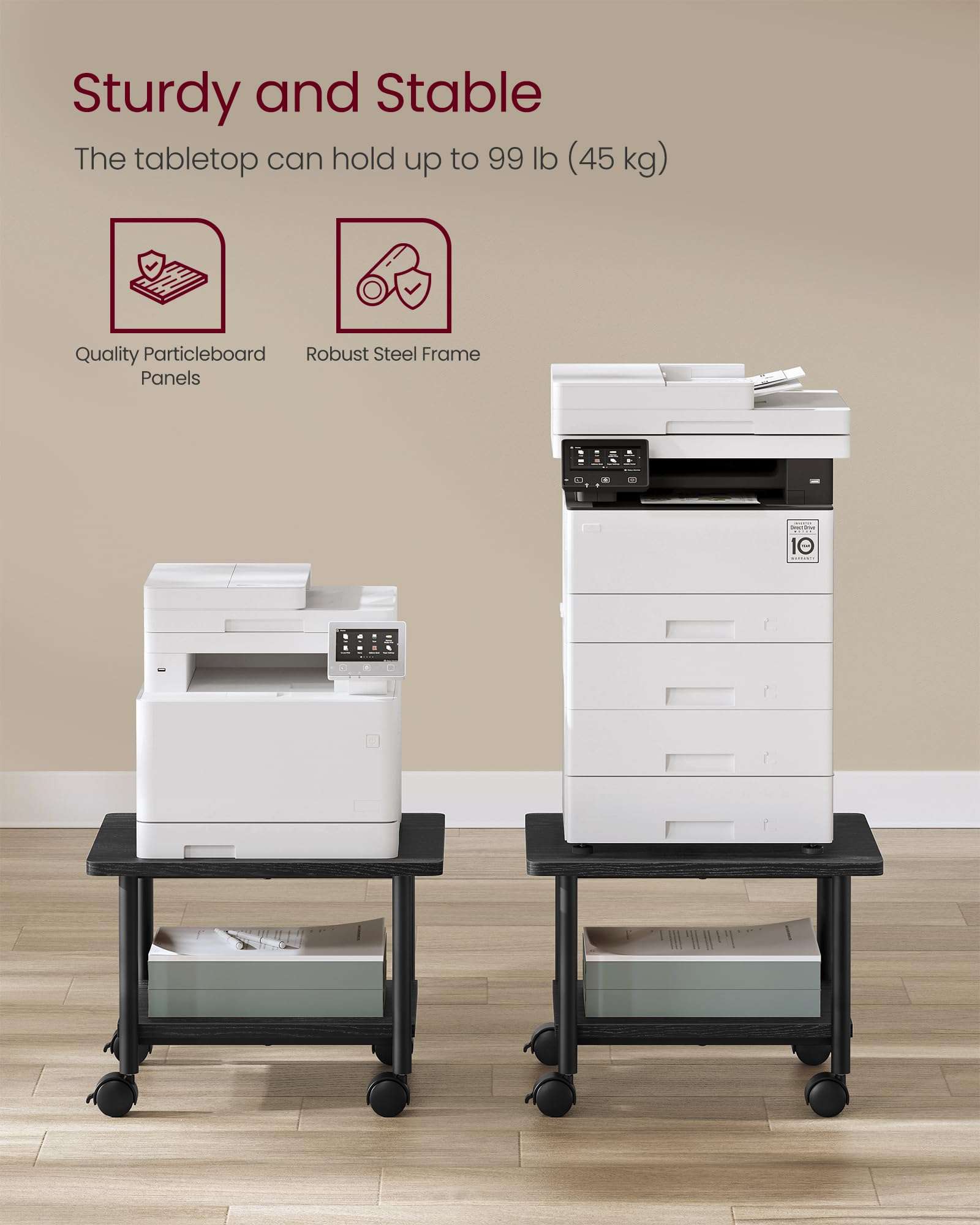 VASAGLE Heavy-Duty Printer Stand with Locking Wheels, 2-Tier Industrial Mobile Cart with Storage Shelf, Under Desk Printer Table for Home, Office, 13.4" Height, Ebony Black UOPS02B 4