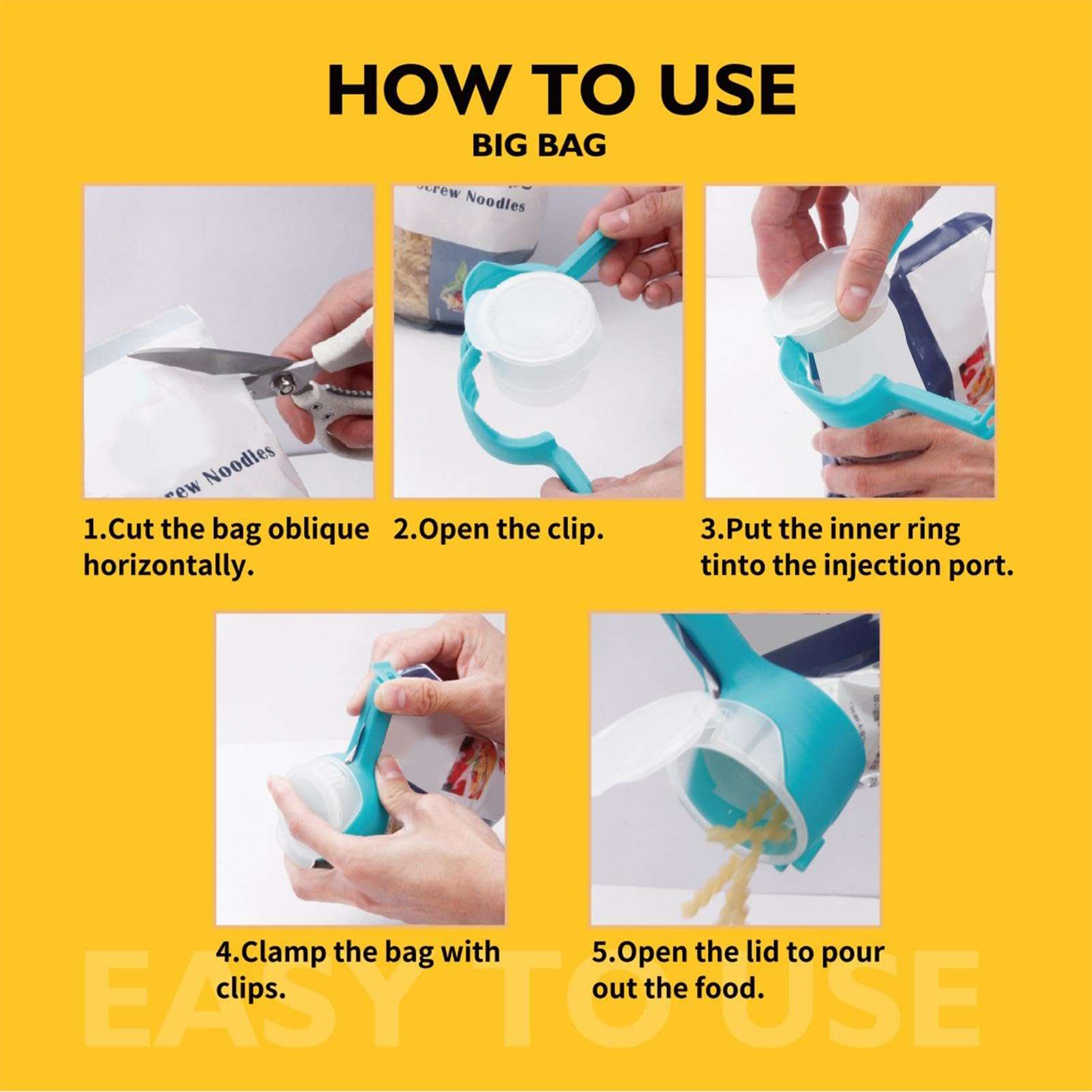 Bag Clips for Food Storage, 13CM Bag Clips with 6CM Pour Spout, Practical Food Bag Clips with Spout and Lid, Portable Healthy Food Clips Bag Sealing Clips, for Kitchen Gadgets 4