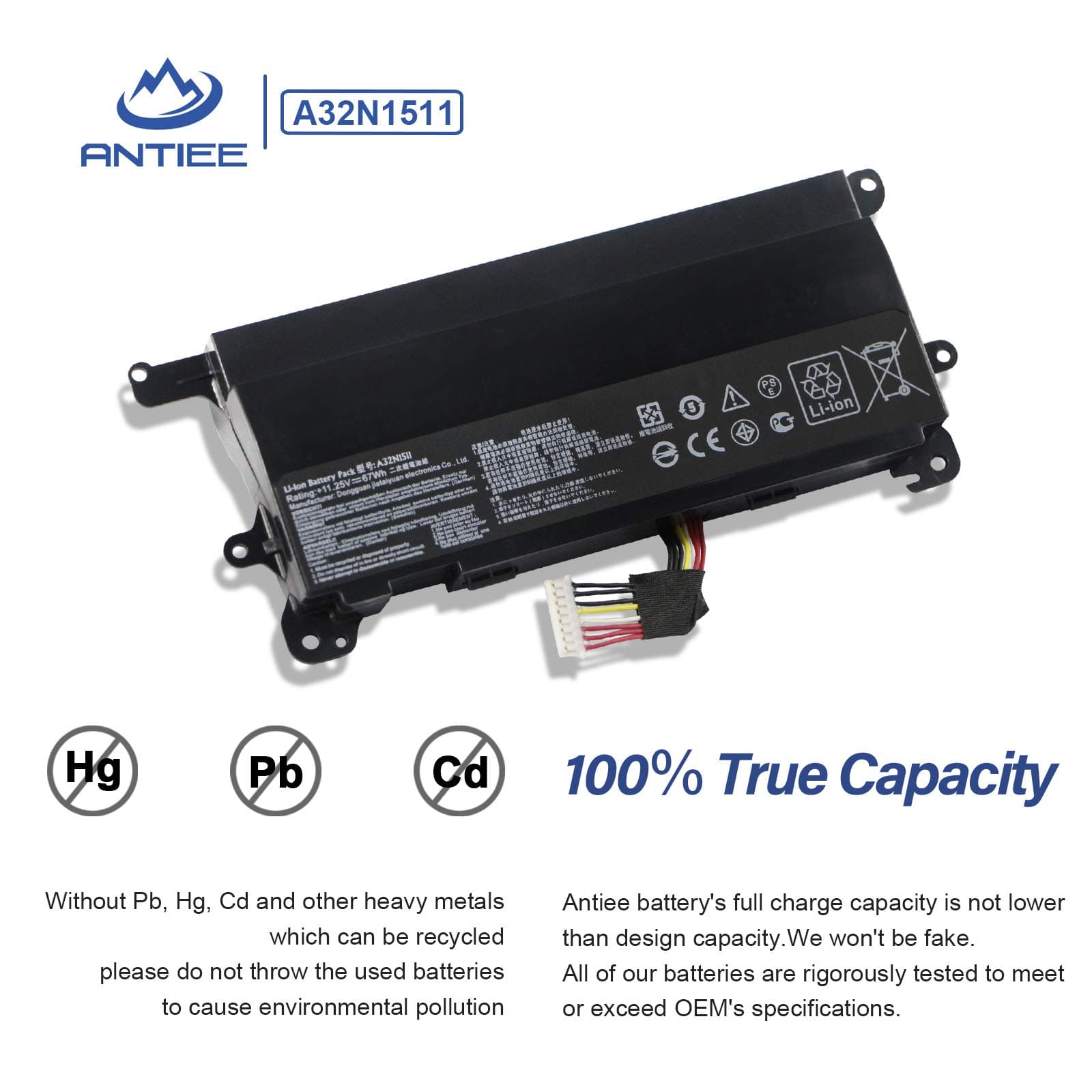 ANTIEE A32N1511 Laptop Battery Replacement for ASUS ROG G752 G752V G752VL G752VT G752VM G752VY G752VS GFX72J GFX72VT GFX72VL6700 GFX72VY6820 A32LM9H 0B110-00370000 11.25V 67Wh 6000mAh 4
