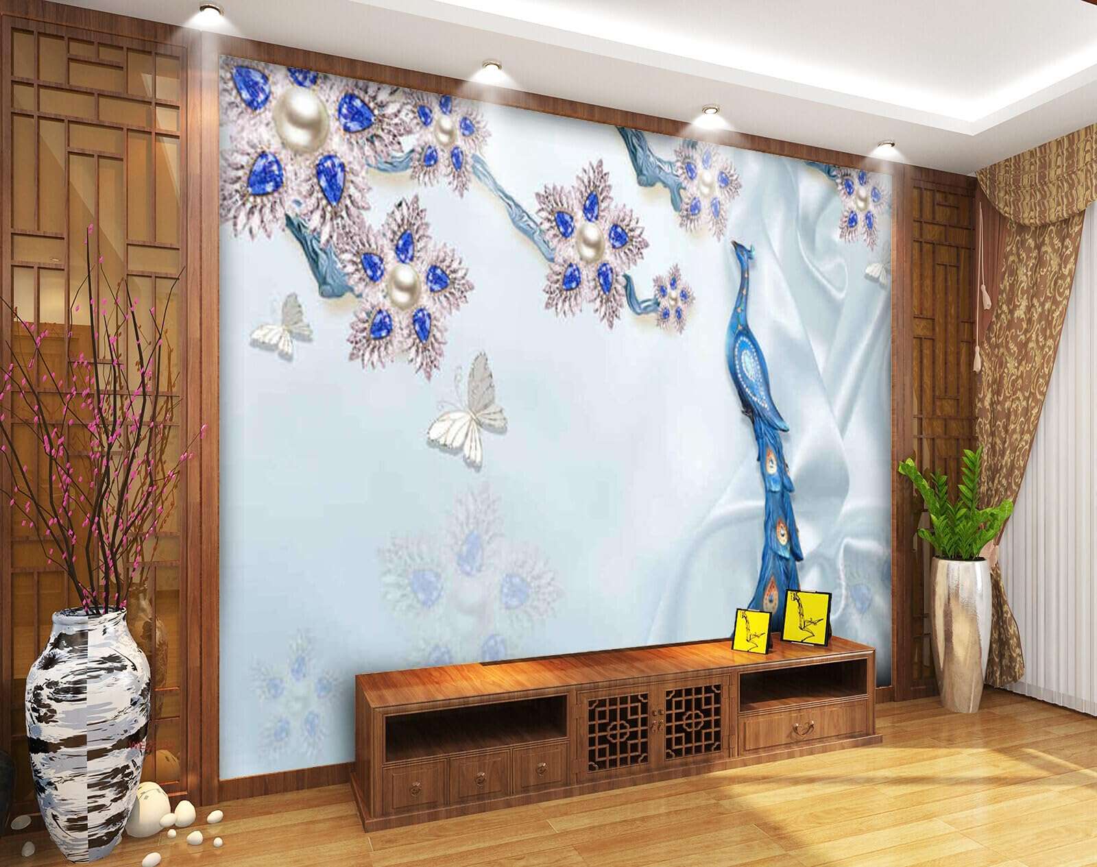 Wall26 - WEZ2132 Beautiful Flowers Jewellery Peacock Plan Butterflies Designed Jewelry Coquette Flower HD 3D Wall Sticker[8 ft x 6 ft] / [244 cm x 183 cm] 4