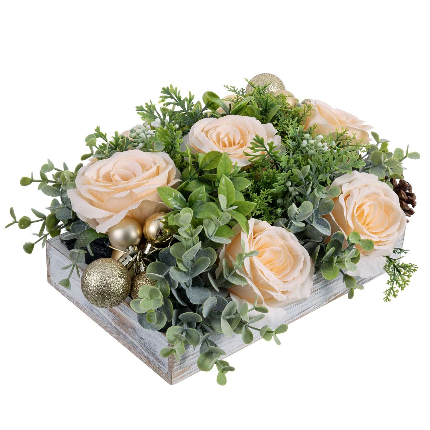 MyGift Artificial Champagne Rose Arrangement in Whitewashed Wood Box – 10.5" Faux Light Peach Flower Centerpiece with Greenery & Gold Accents for Wedding or Home Decor 1