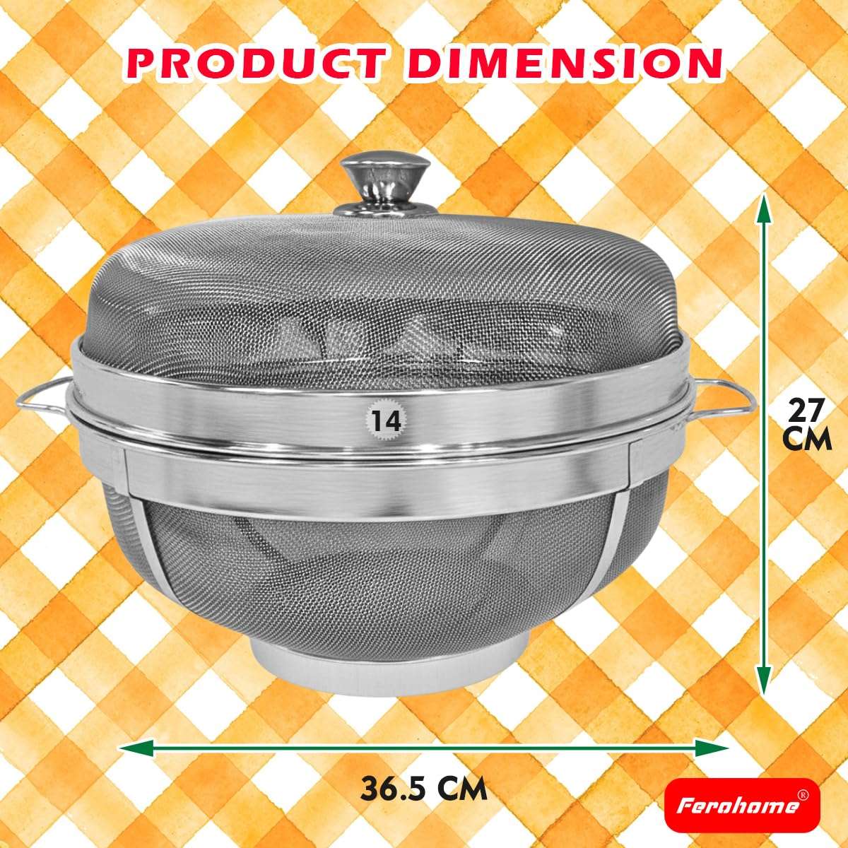 FEROHOME 14 Inch 304 Stainless Steel Fruit Basket with Lid|Includes Free Cleaning Brush and Multi Fiber Cloth|Fruit Storage Organizer for Kitchen & Dining|Fruit Bowls for Fruits,Vegetables,Bread (XXL) 3