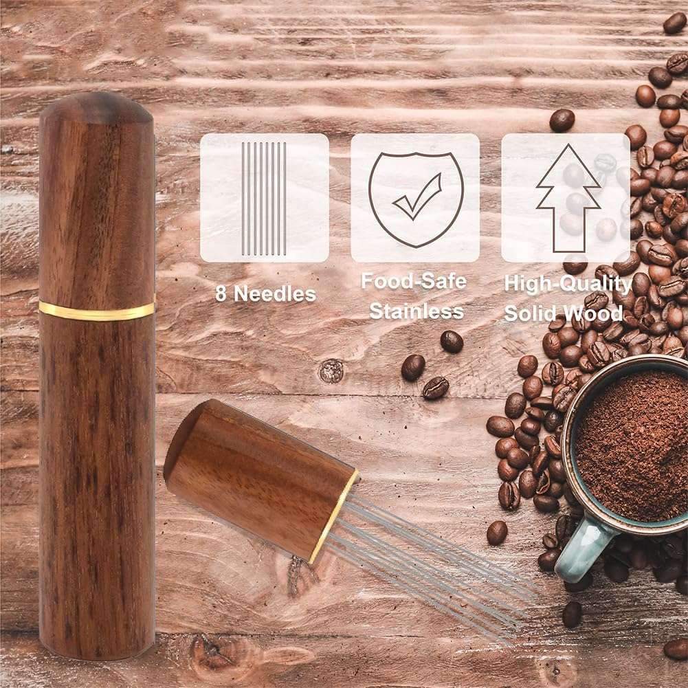 MATSON Coffee Stirrer,Espresso Distribution Tool Coffee Stirring Tool,Professional Barista Hand Needle Type Distribution Tool 5 Needles 0.4mm Natural Wood Handle and Stand 4