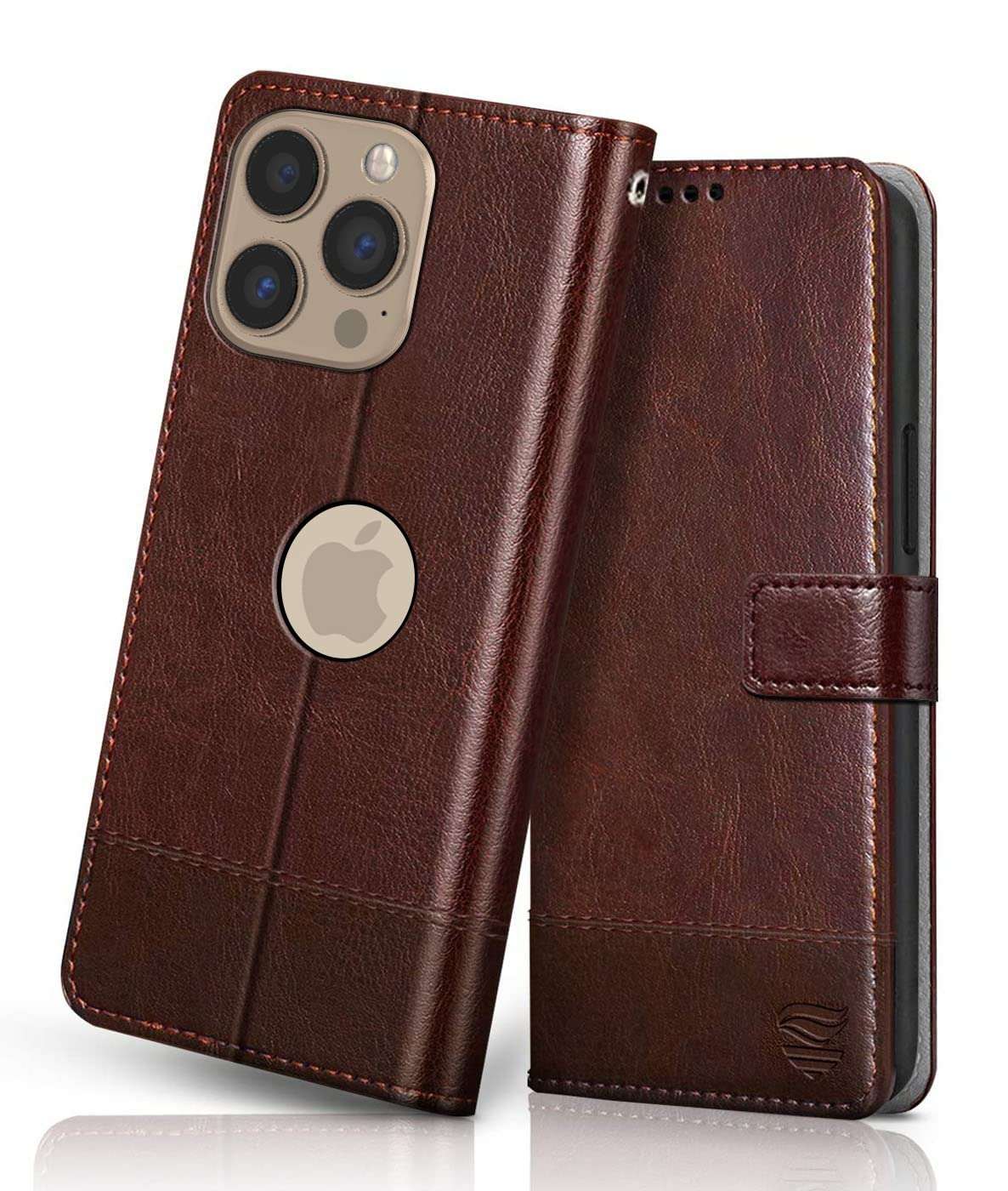 FLIPPED Vegan Leather Flip Case Back Cover for Apple iPhone 13 Pro Max (Flexible, Shock Proof | Hand Stitched Leather Finish | Card Pockets Wallet & Stand | Tan with Brown) 1