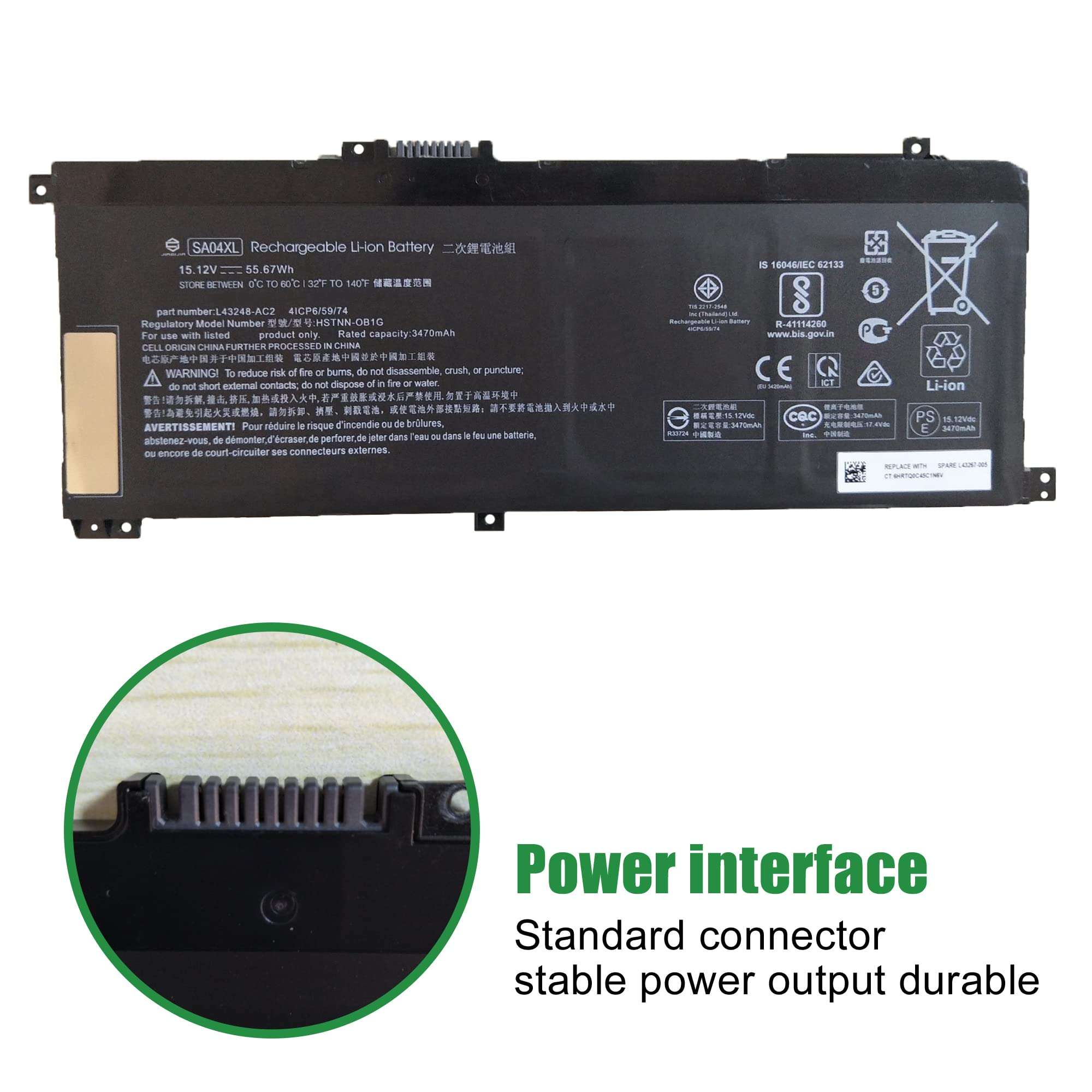 JIAZIJIA SA04XL Laptop Battery Replacement for Hp Envy X360 15-DR 15-DR0010TX Series HSTNN-OB1G L43248-AC2 L43267-005 HSTNN-LB8O L43248-421 824561-001 HSTNN-UB7U L43248-541 15.12V 55.67Wh 3470mAh 3