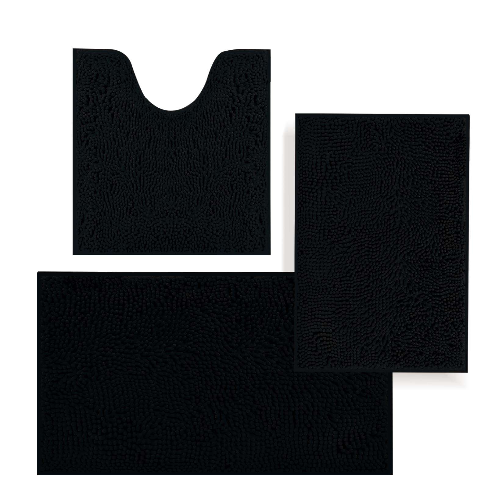 Bathroom Rugs Sets 4 Piece with Toilet Lid Cover, Soft Shaggy Bath Rug Set and U Shaped Toilet Rug, Machine Washable Chenille Bathroom Set Bath Mat Non-Slip PVC Backing Water Absorbent Gifts, Black 1