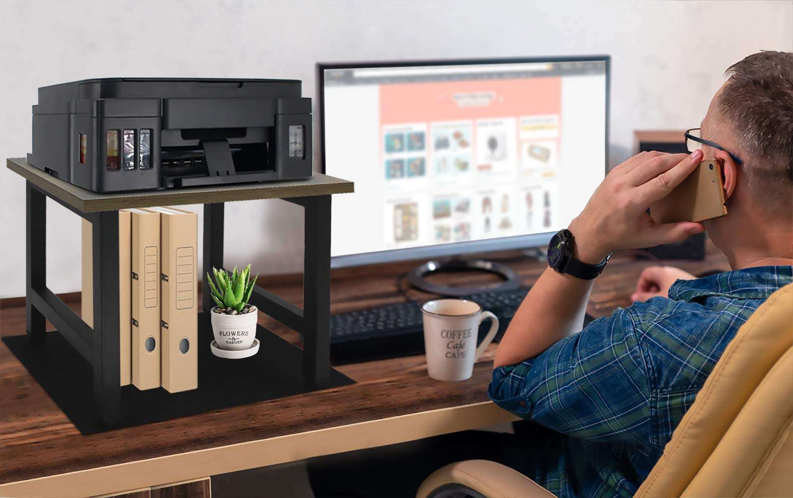 Vintage Desktop Printer Stand with Felt Mat, Single-Layer Desk Shelf Desk Organizer and Bookshelf, Home and Office Organization and Storage for Printers, Fax Machine, Scanner, Office Supplies 4