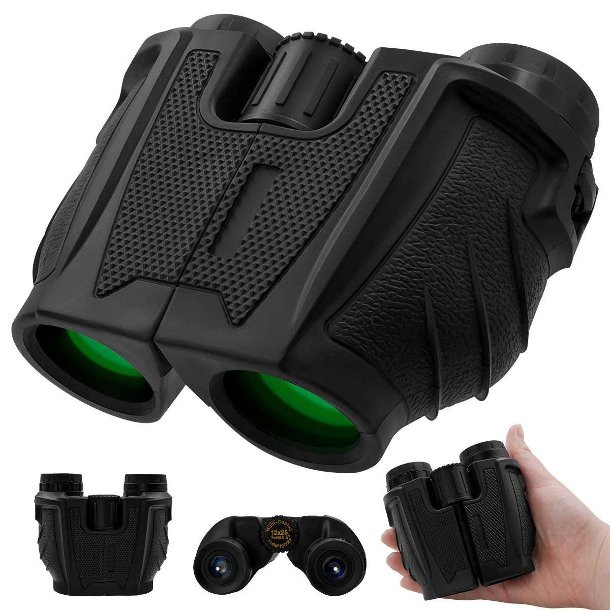 12x25 Compact Binoculars for Adults and Kids, HD High Power Binoculars with Large Eyepiece Clear Weak Light Night Vision, Lightweight (0.6 lbs) Binoculars for Bird Watching, Hunting, Travel, Concerts 1