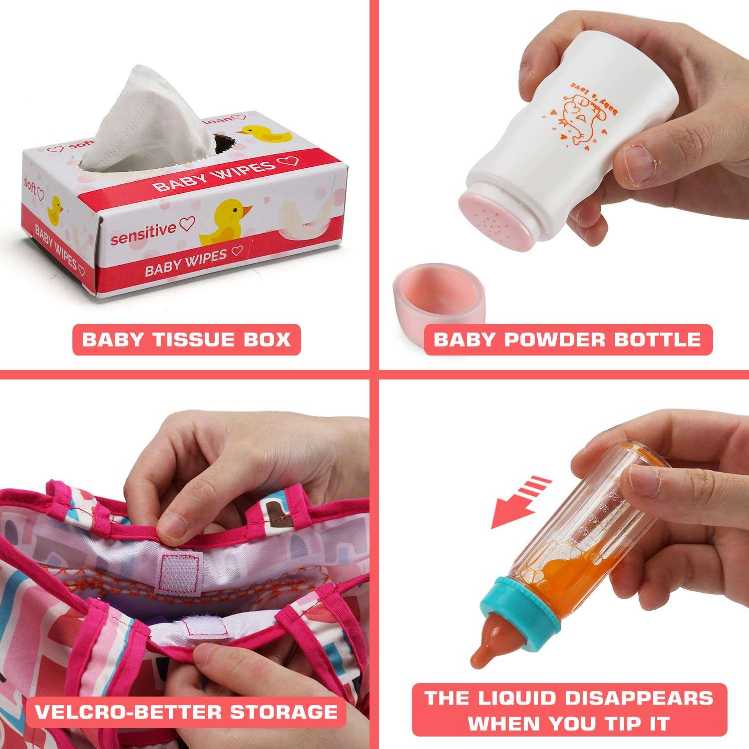 14 Pack Baby Doll Accessories, Baby Doll Feeding and Caring Set Includes Diaper Bag, Doll Diapers, Magic Bottle, Changing Mat for Girl Toddler Kid, Babies Pretend Play Set for Birthday Gift Christmas 3