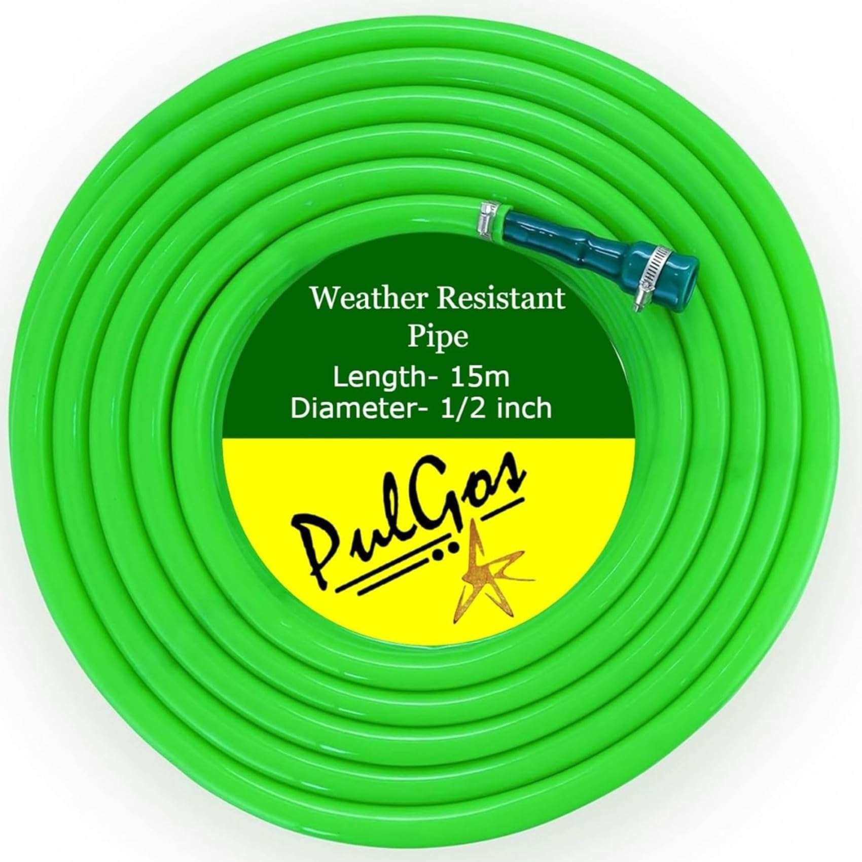 PulGos 15 Meter Pack of 1 Heavy Duty PVC Garden Hose Pipe with Tap Adapter & 3 Clamps | Flexible, Latex core, Leak-Resistant Water Pipe for Gardening, Car Washing, Lawn Care & Outdoor Use (Green)
