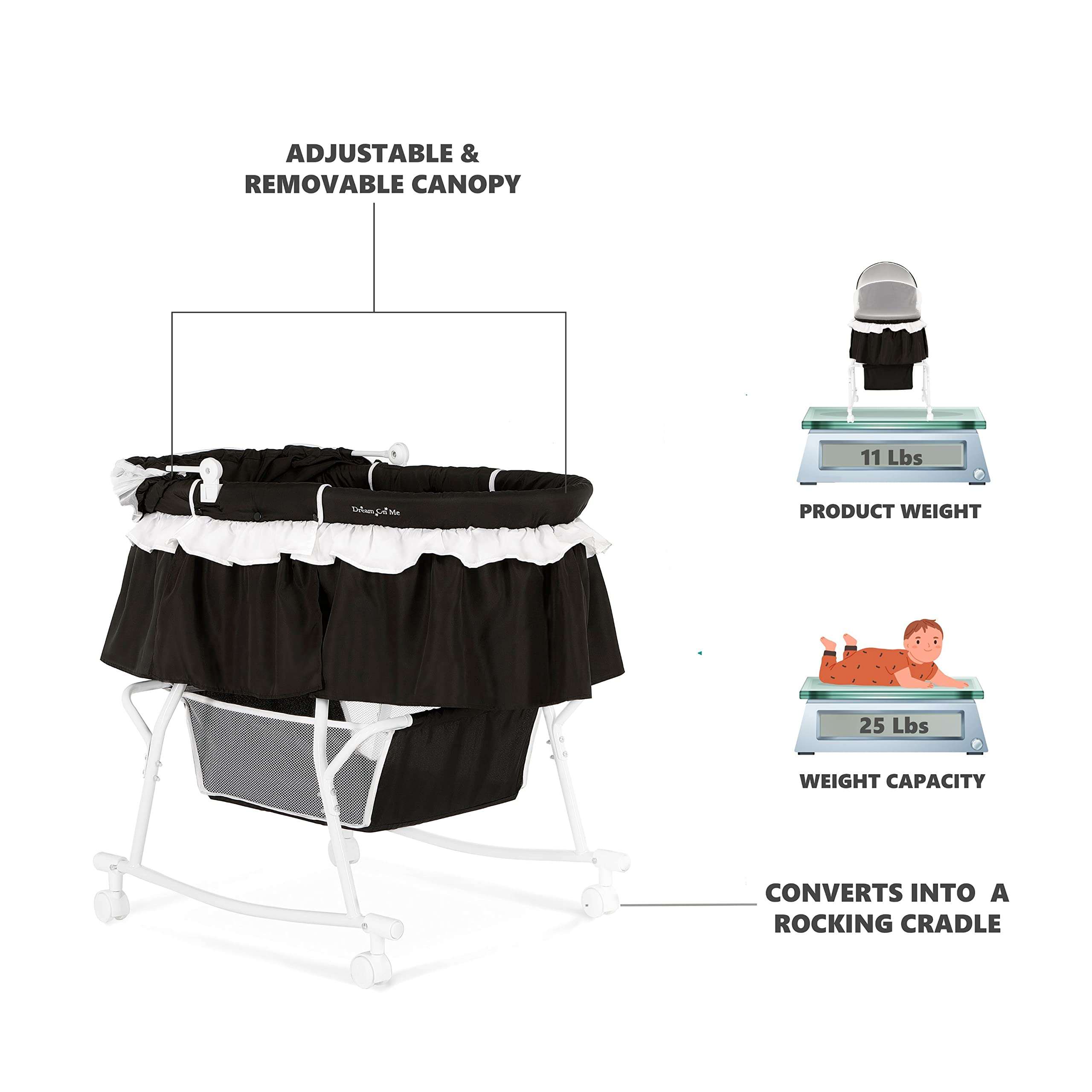 Dream On Me Lacy, Portable 2-in-1 Bassinet & Cradle, Black 6