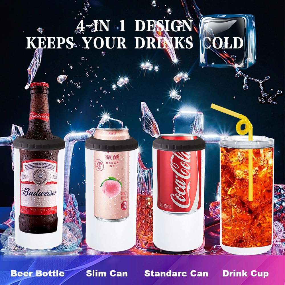 Lilsofee 12 Pack 16 oz Sublimation Blank Tumblers Skinny 4 in 1 Can Cooler with 2 Lid Stainless Steel Double Wall Insulated Beer Bottles Coolers Slim Can Holder for Drinks 5