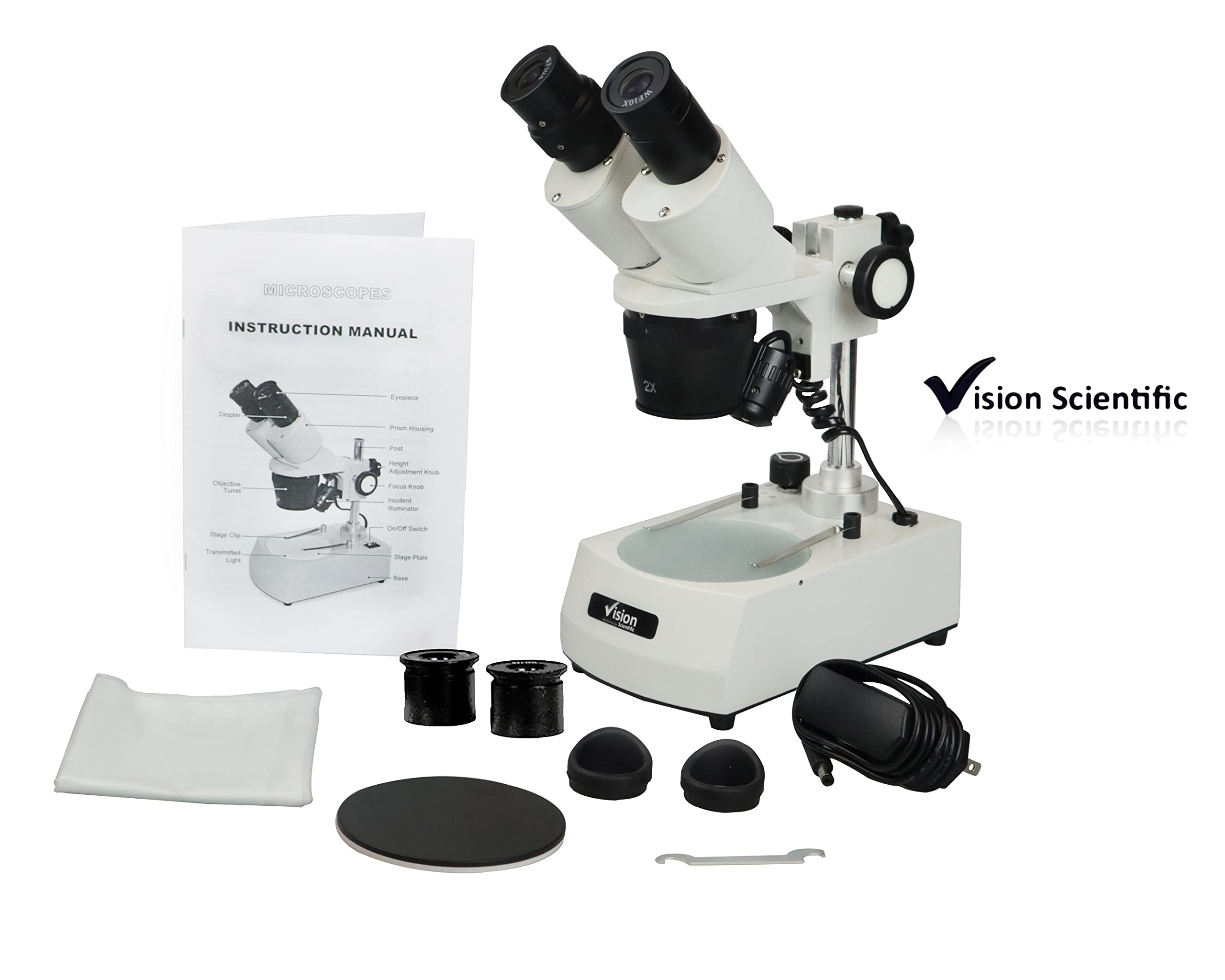 Vision Scientific VMS0002-LD-123-ES2 Binocular Stereo Microscope, WF10x and WF20x Eyepieces, 1x, 2X and 3X Objectives, 10x, 20x, 30x, 40x and 60x Magnification,110V 6