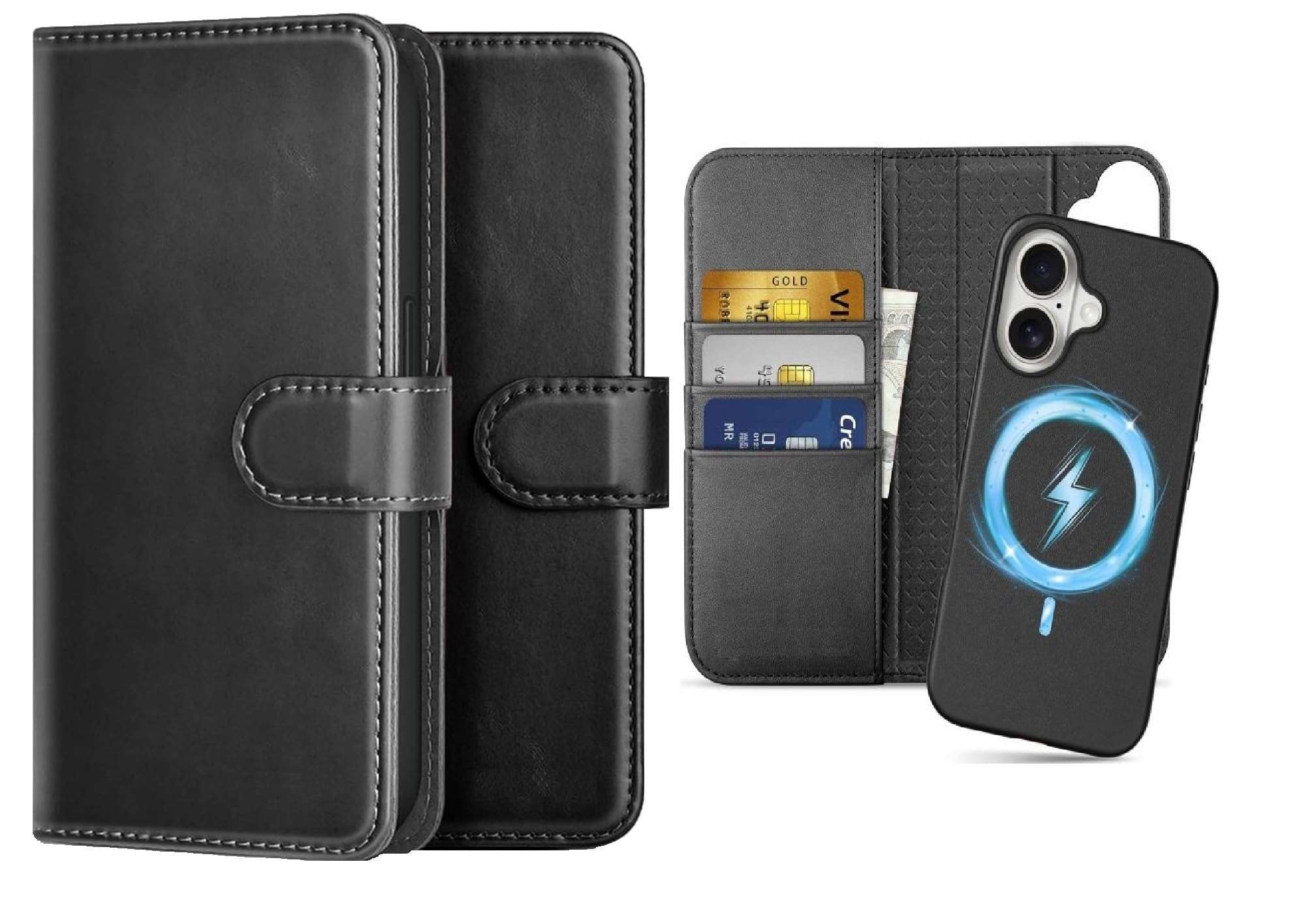 WHITBULL Royal Leather Detachable 2 in 1 Flip case Cover for iPhone 16 Plus/iPhone 16 Max Black