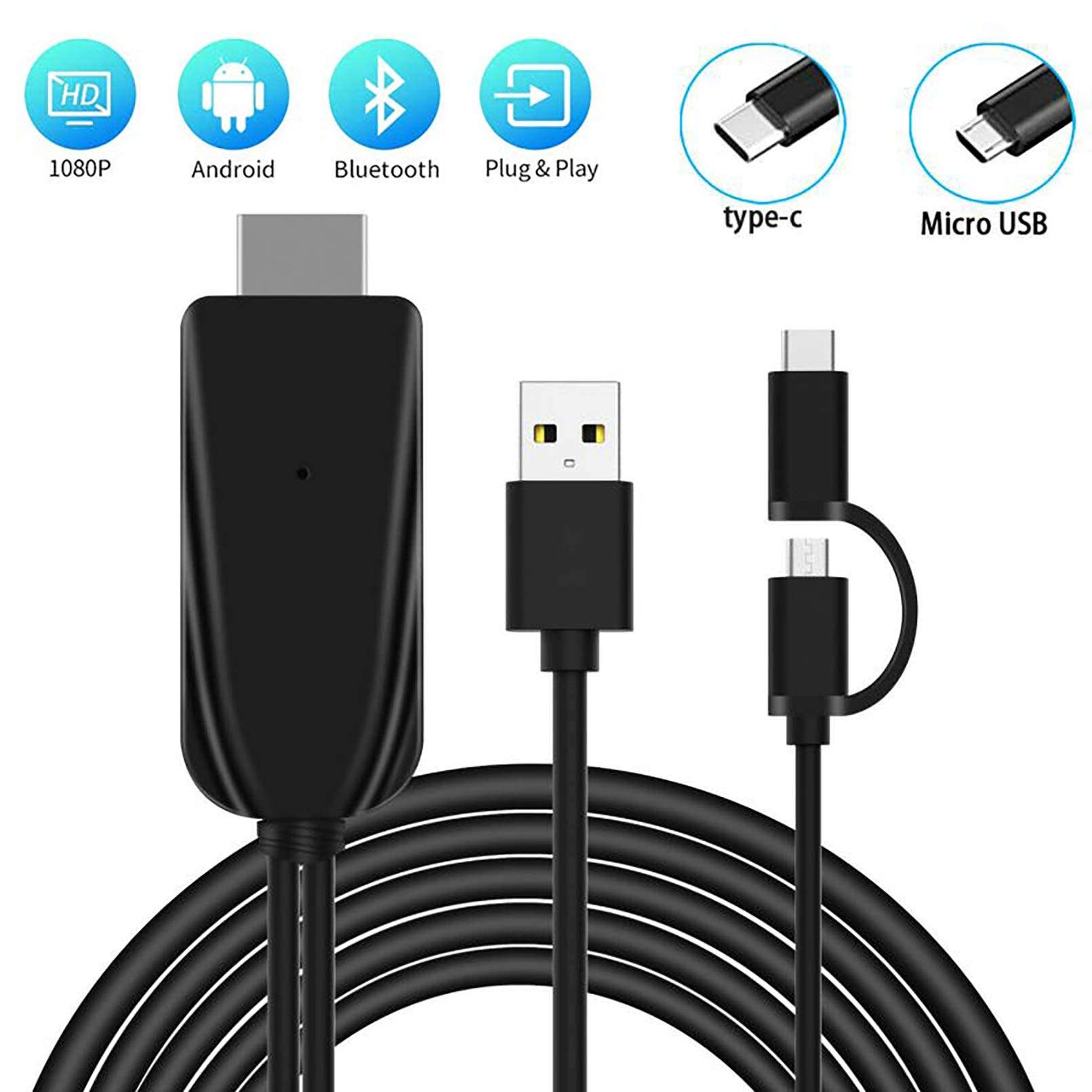 2-in-1 USB Type C/Micro USB MHL to HDMI Cable Adapter 1080P HD HDTV Mirroring &Charging Cable 6ft Converter for Android Smartphones Digital AV Video Mirroring Phone to TV/Projector/Monitor 4