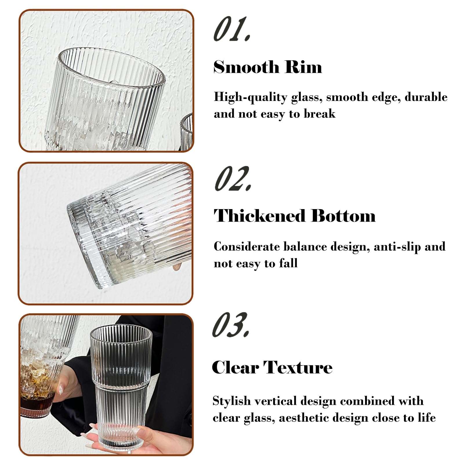 hosck 2 Pack Vertical Stripe Glass Cups, 20 OZ Clear Glass Tumbler with Lid & Straw, Iced Coffee Cup with Lids, Ice Matcha Cup, Dishwasher Safe Drinking Glasses for Coffee, Juice, Tea, Matcha 5