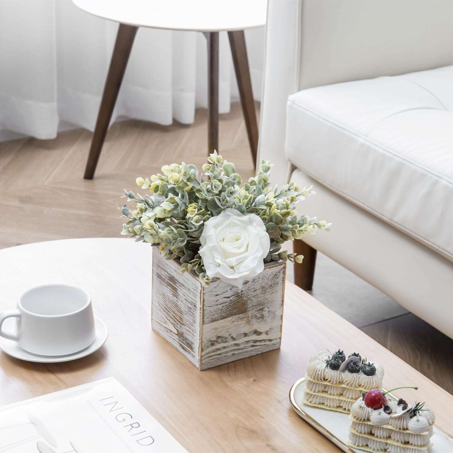 MyGift Artificial White Rose and Eucalyptus Boxwood in Shabby Whitewashed Solid Wood Square Box Planters, Faux Floral Arrangement Table Centerpiece Home Decor, Set of 2 5