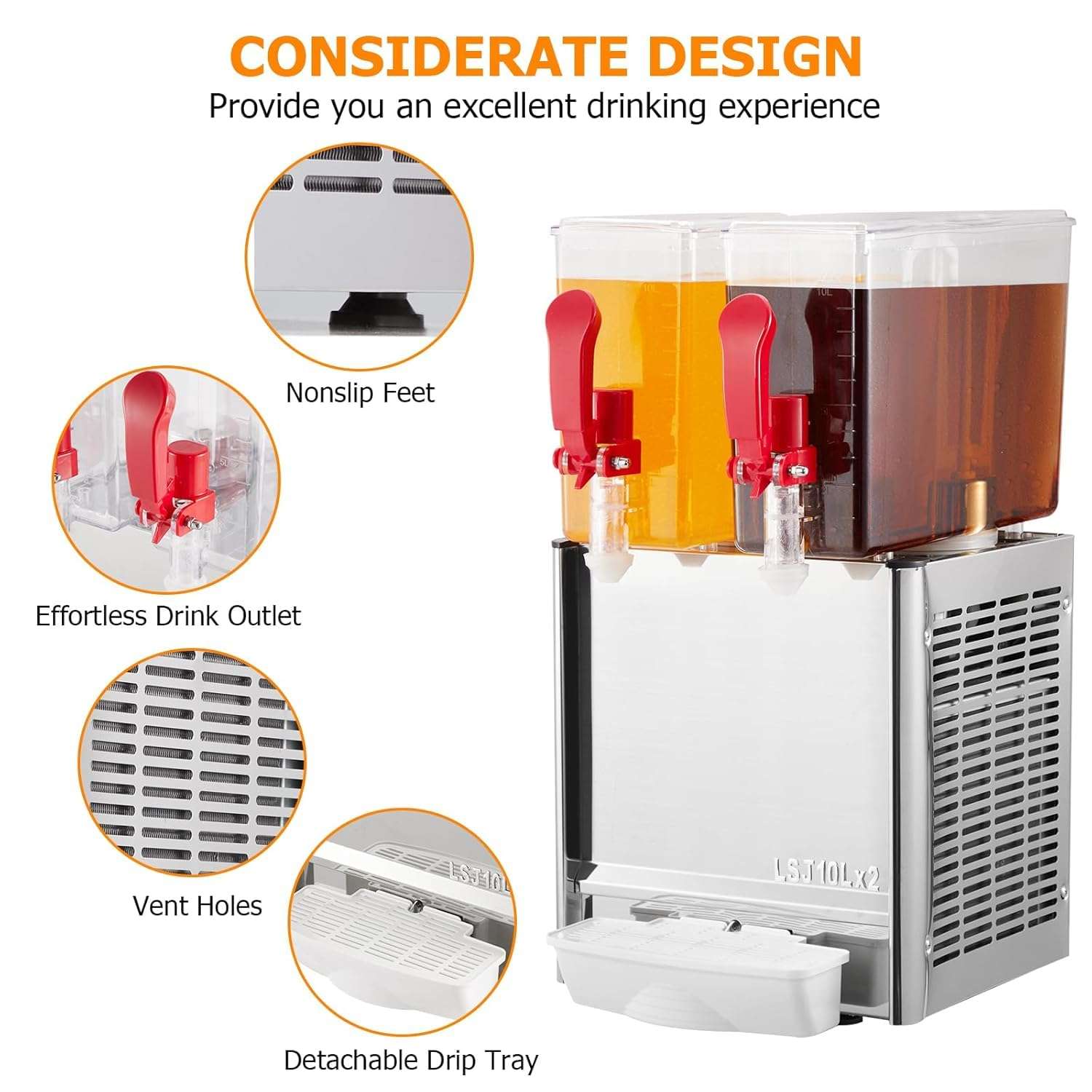 PioneerWorks Commercial Beverage Dispenser, 2 Tanks 5.28 Gallon 20L Commercial Juice Dispenser, 10 Liter Per Tank, 280W Stainless Steel Food Grade Ice Tea Drink Dispenser with Thermostat Controller 4
