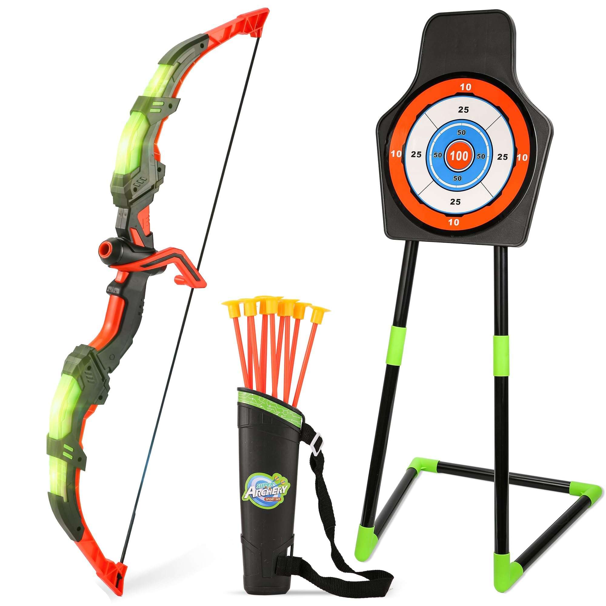 Outdoor Sport Toys Light Up Archery & Toddler Basketball Hoop and Tee Ball Set for Boy Bow and Arrow Set with 10 Suction Cup Arrows Baseball Tee with Automatic Pitching Machine Christmas Birthday Gift 3