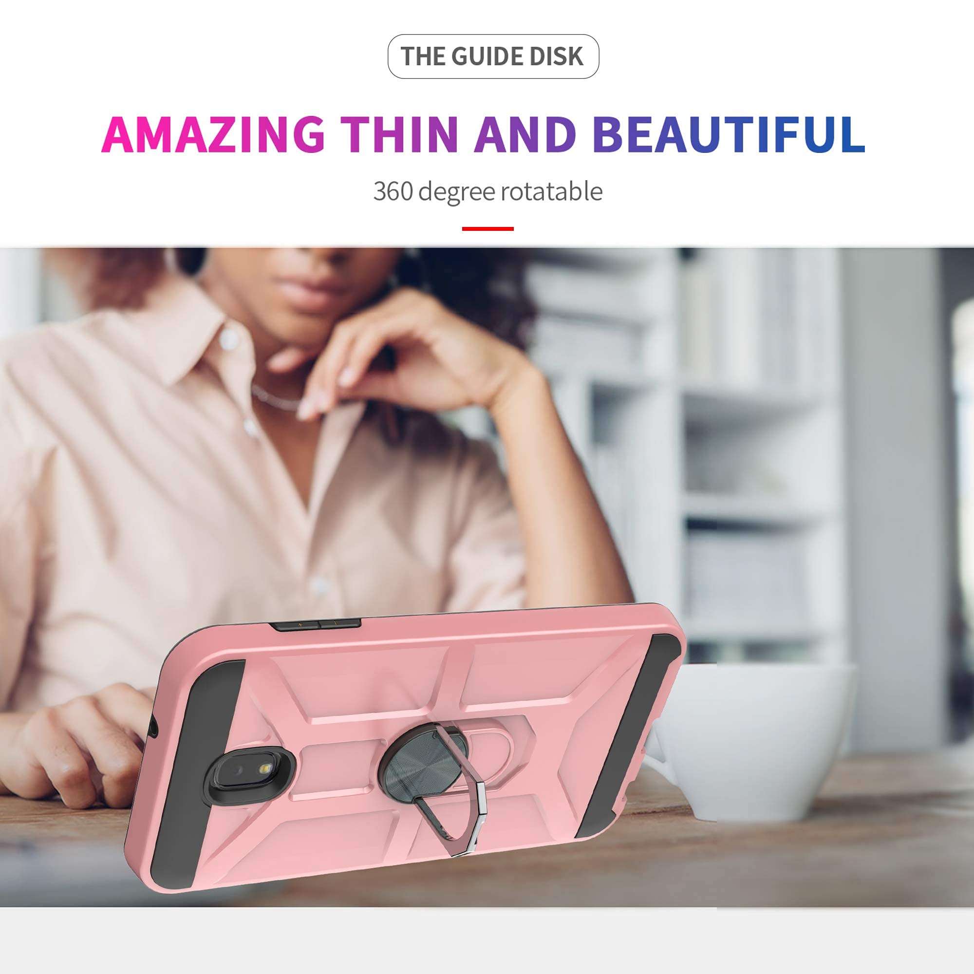 Galaxy J3 2018/J3 Eclipse 2/J3 Orbit/J3 Achieve/Express Prime 3/J3 Prime 2/Amp Prime 3 Case with HD Screen Protector YmhxcY 360 Degree Ring of Shockproof Phone Case for J3 Emerge 2018-ZS Rose Gold 2